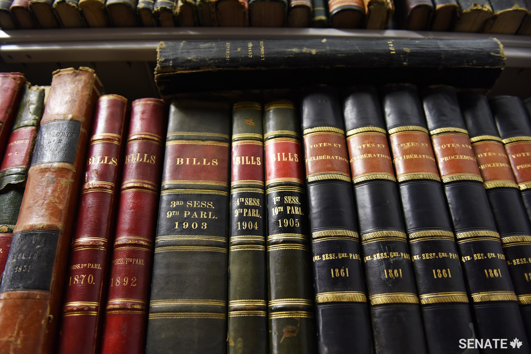One of the vaults in the Senate archives is lined with rare, historic leather-bound volumes of parliamentary records.