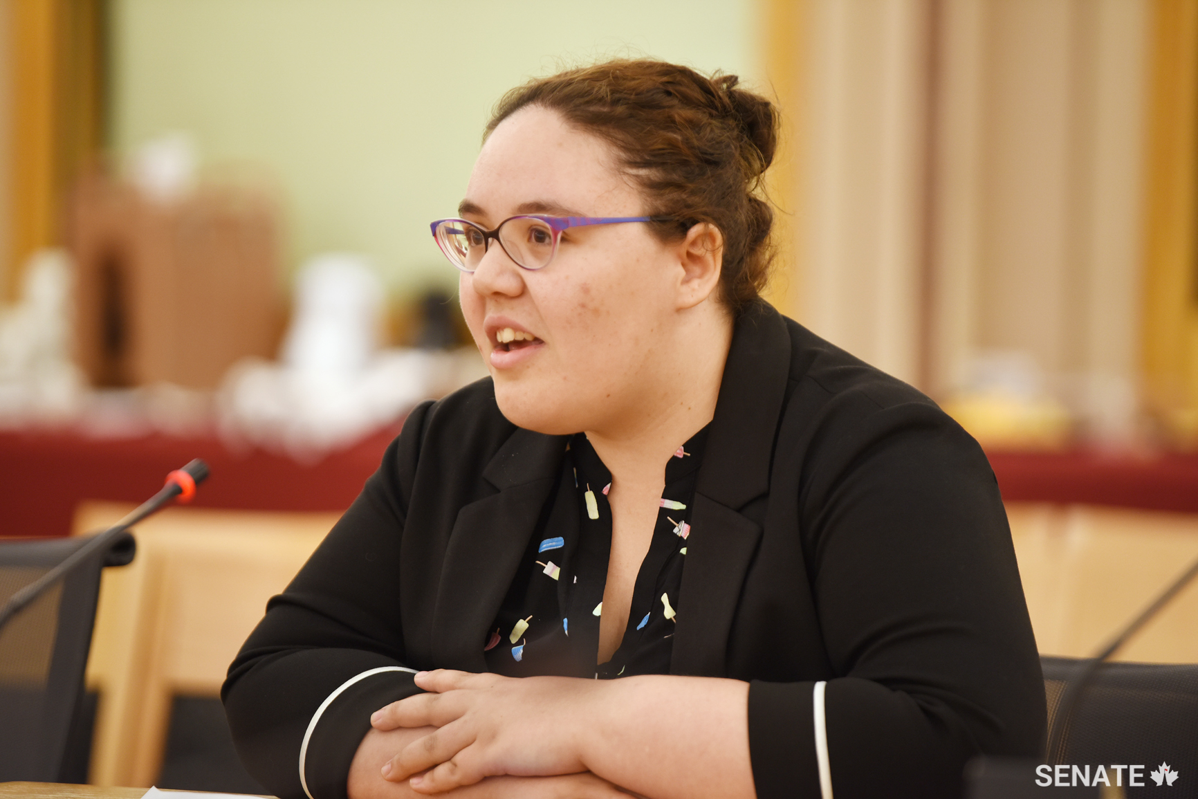 Kayla Bernard, a 22-year-old Mi’Kmaw woman from Halifax, testifies before the Senate Committee on Aboriginal Peoples on Wednesday, June 6, 2018 as part of Youth Indigenize the Senate.