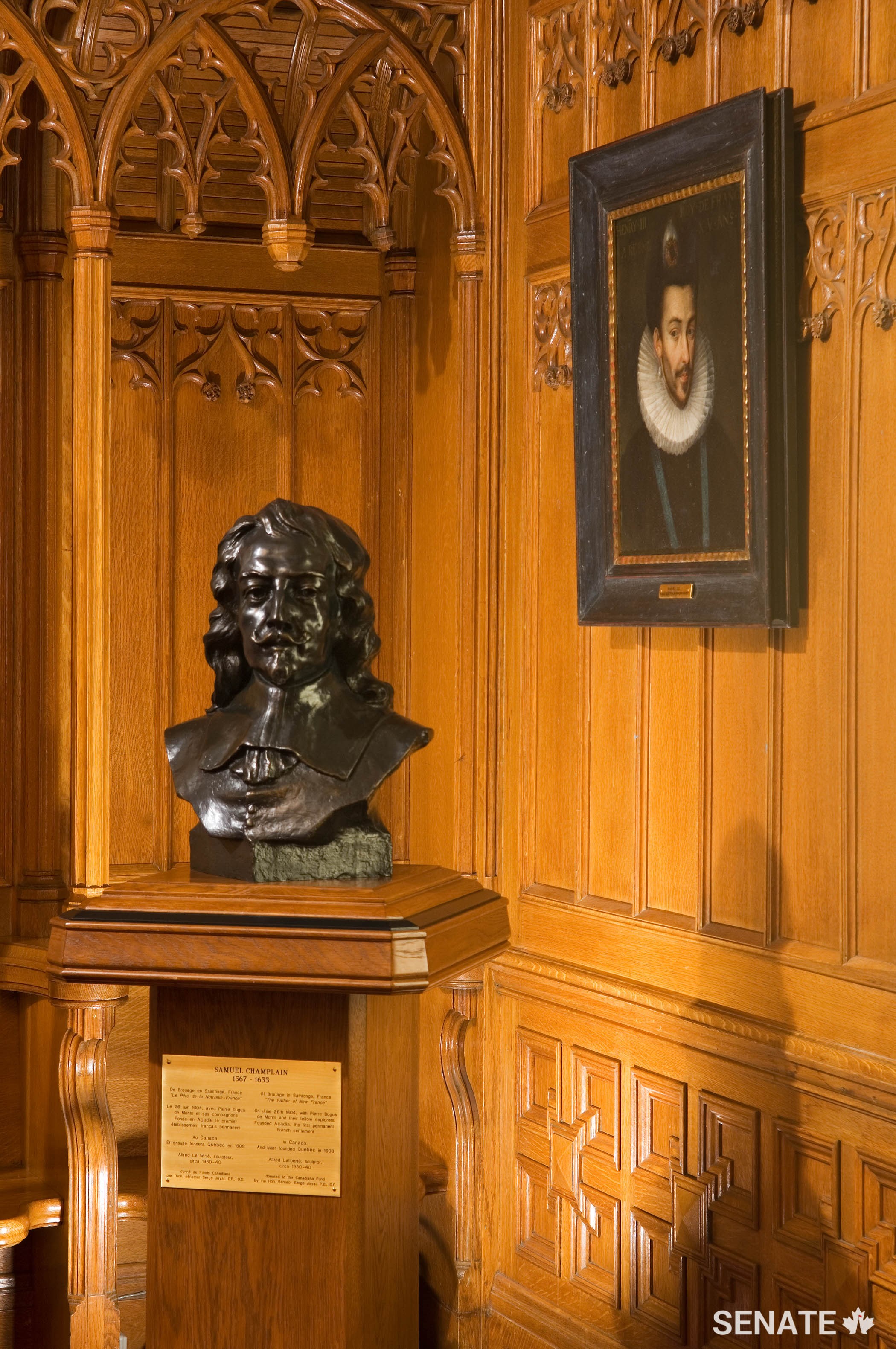 A bust of 17th-century explorer Samuel de Champlain, considered “the father of New France,” stands at the front of the Salon de la Francophonie.