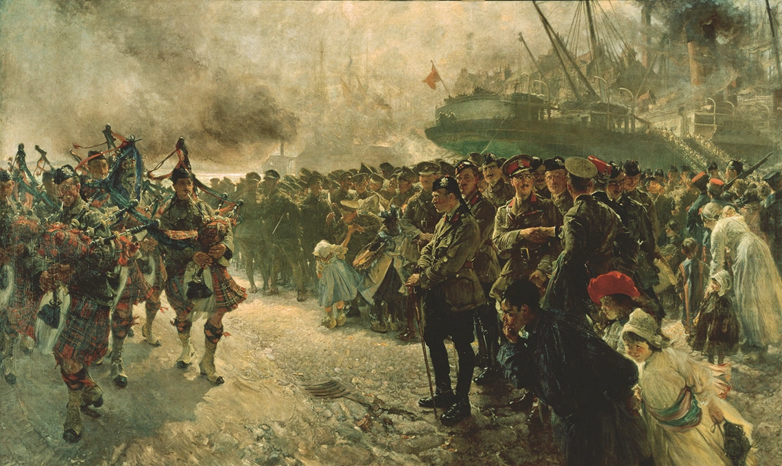 Edgar Bundy portrayed the moment Canadian troops first set foot on the European continent. The First Canadian Division, led by the Royal Highland Regiment pipe band, marches by the cheering residents of Saint-Nazaire, France and on to the Western Front. (Beaverbrook Collection of War Art, Canadian War Museum, CWM 19710261-0110)