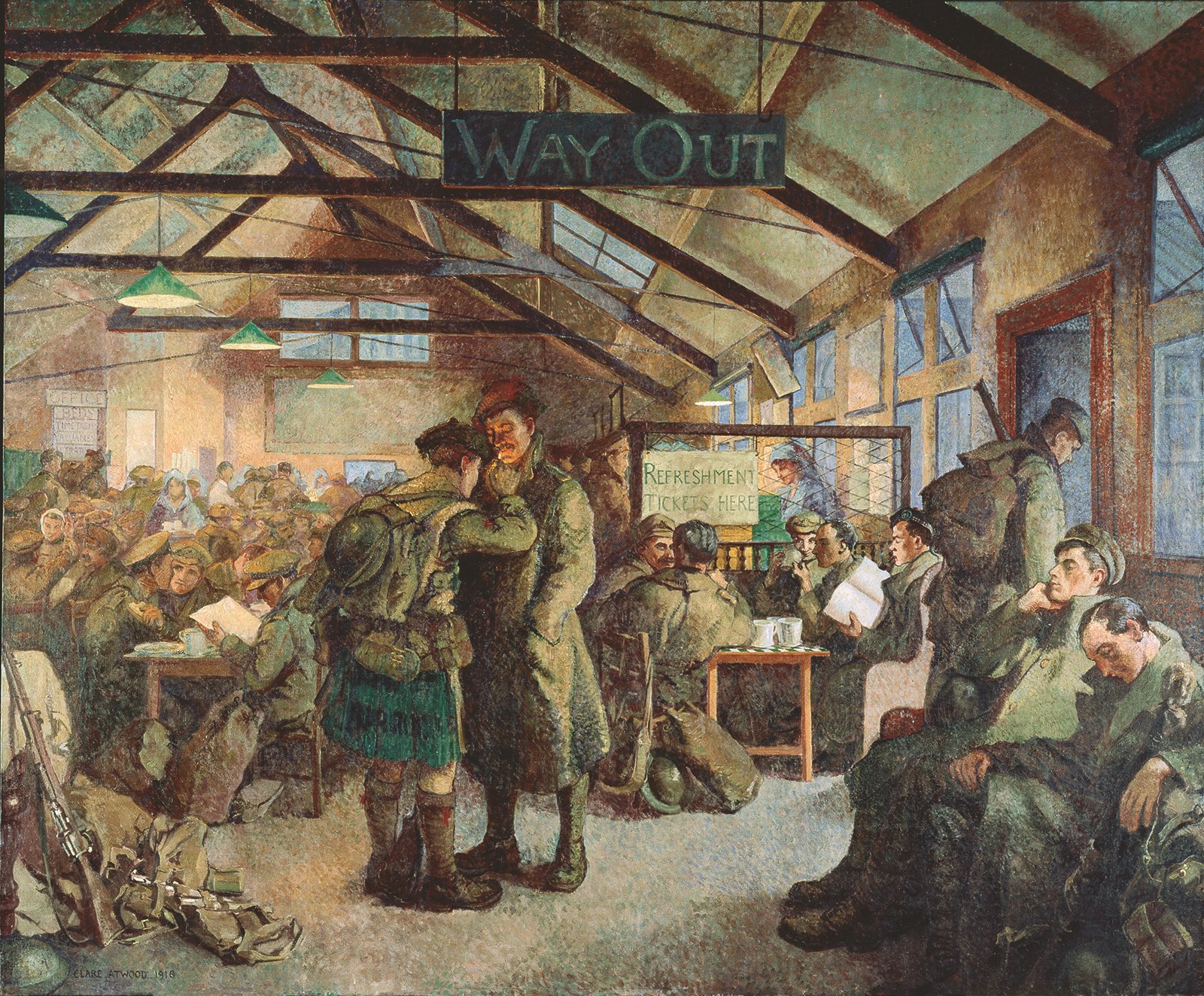 British painter Clare Atwood showed soldiers on leave in 1917, crowding a train station as they return to the Western Front. Although female artists were not allowed to document the battlefield, Atwood captured a revealing aspect of the exhausting conflict in this depiction of wartime London. (Beaverbrook Collection of War Art, Canadian War Museum, CWM 19710261-0017)