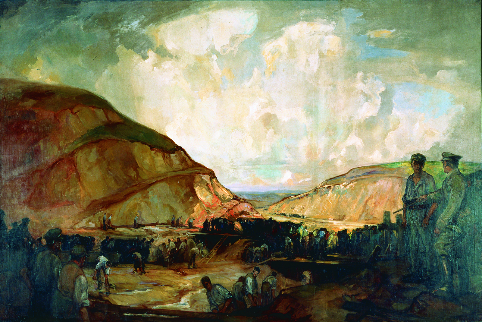 English painter Leonard Richmond depicted the Canadian Overseas Railway Construction Corps laying tracks near the Arras front in northern France. The troops responsible for roads, rail lines and bridges endured shelling from German artillery to keep supply lines to the front repaired. (Beaverbrook Collection of War Art, Canadian War Museum, CWM 19710261-0582)