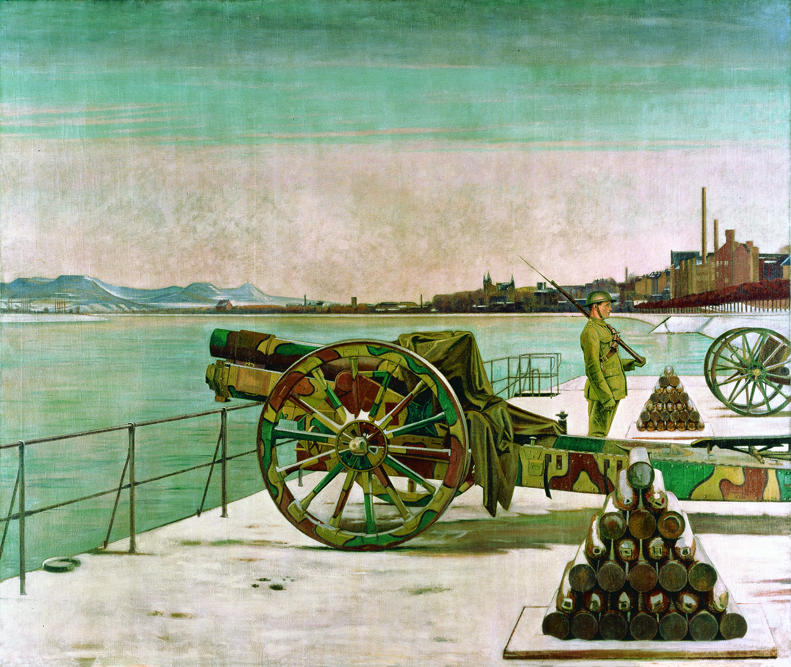 Sir William Rothenstein portrayed the uneasy peace that took effect on November 11, 1918, focusing on an Allied control point along Germany’s Rhine River. A British sentry stands guard next to a howitzer, with Cologne in the background. (Beaverbrook Collection of War Art, Canadian War Museum, CWM 19710261-0601)