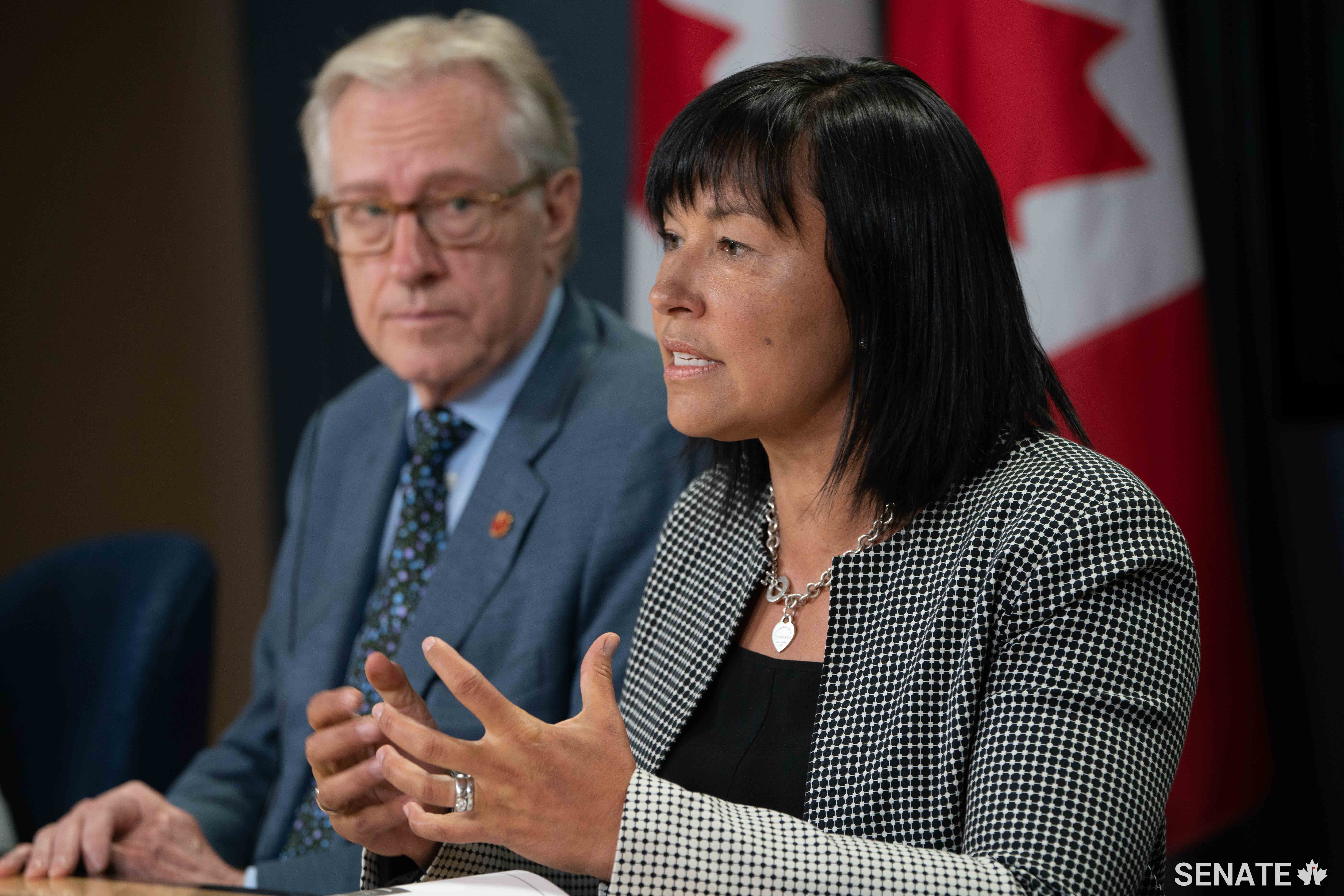 Photo of Senator Petitclerc speaking during the press conference
