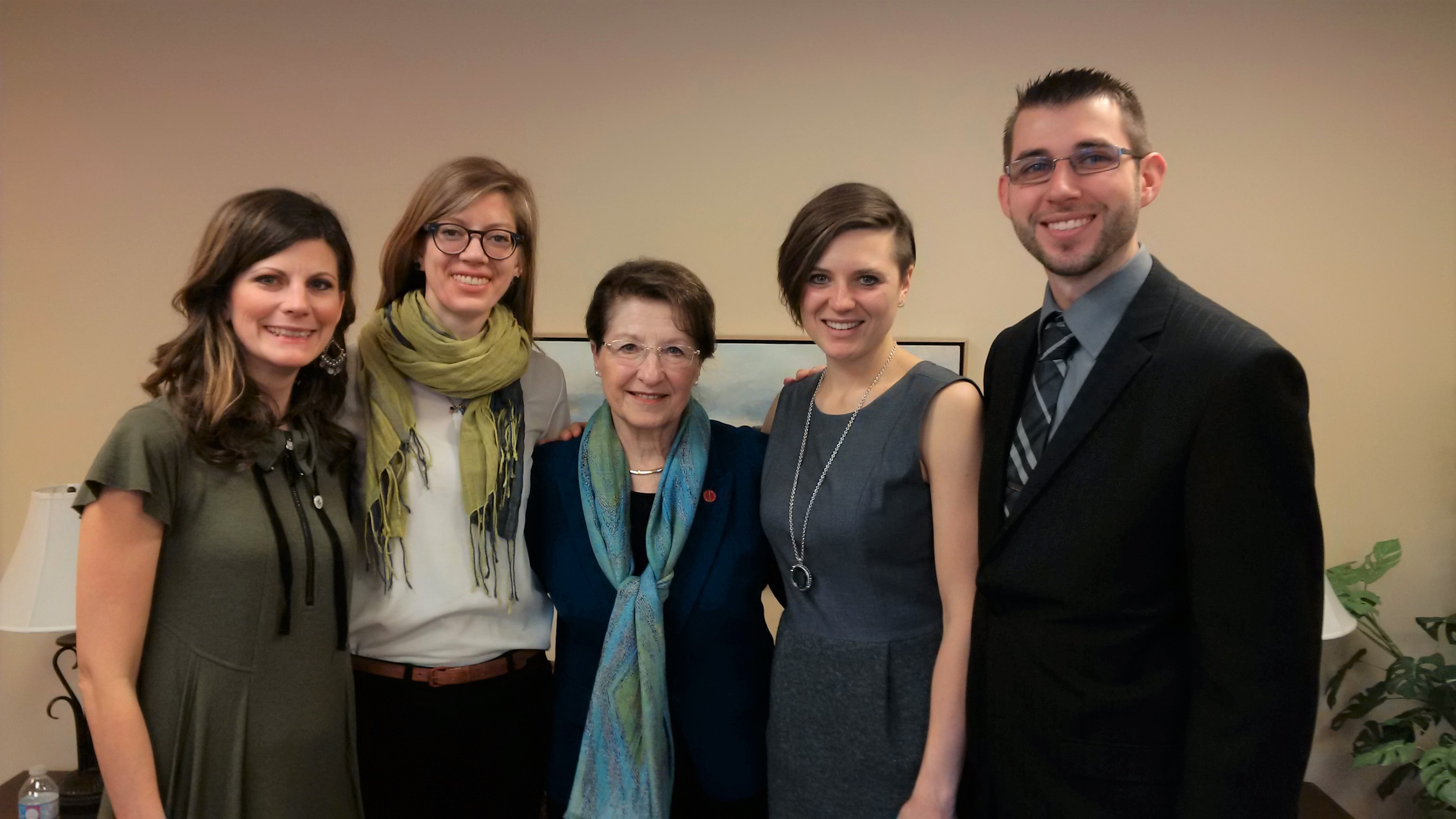 Senator Betty Unger, centre, poses for a photo with Lesley Biehn, Heidi Bezanson, Jenny Cote-Penrose and Jonathan Gale, who were part of the youth adult leadership delegation from the MY Canada Association in 2016.