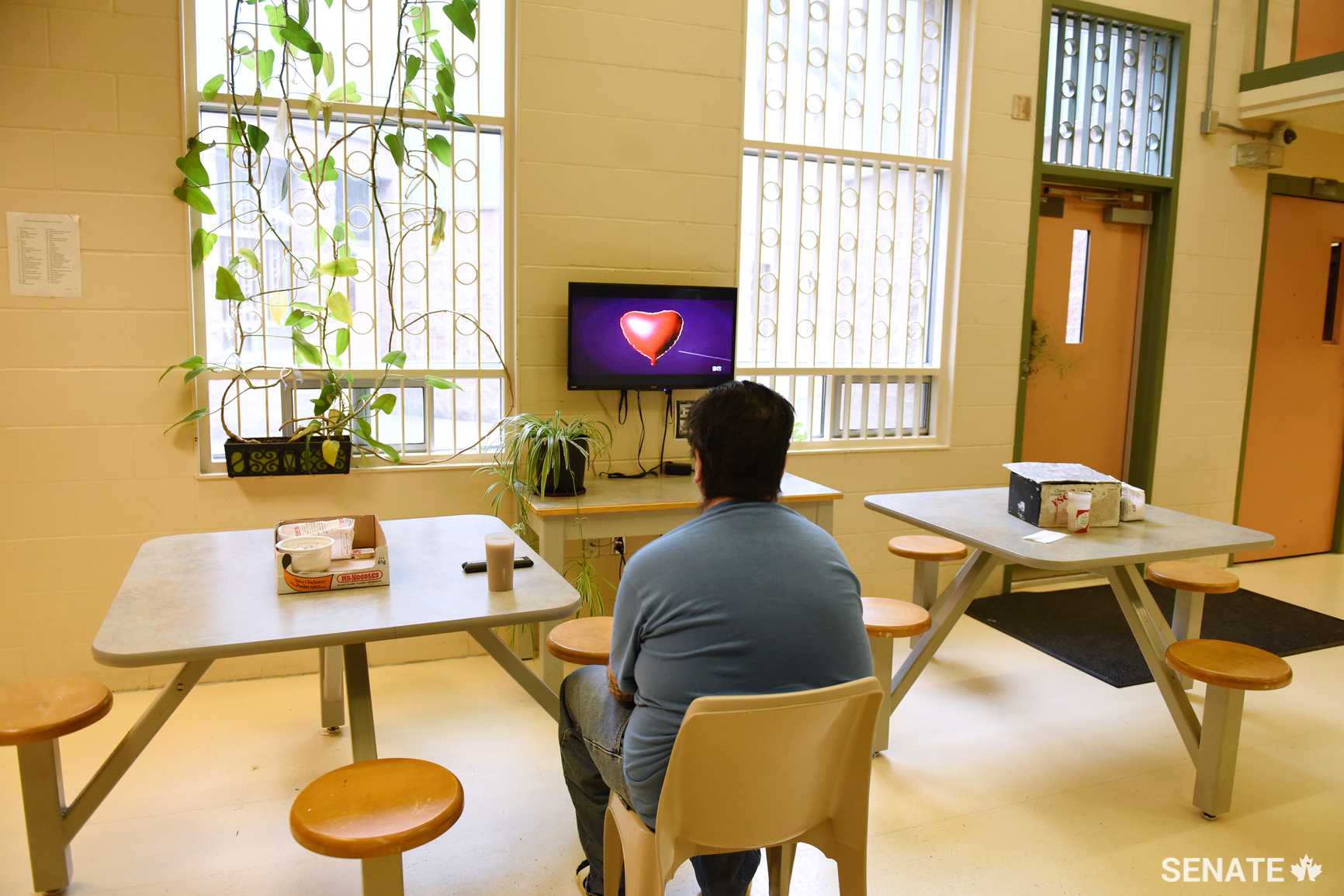 A prisoner in the psychiatric unit watches television in a common area. The prisoner said he often heard voices in his head. When asked what they said, he responded that they tell him to hurt himself, but he is working hard not to.