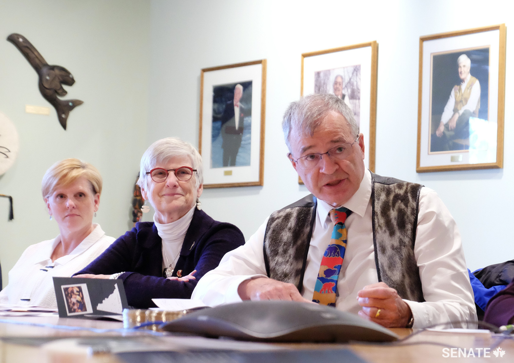Senator Patricia Bovey, centre, and Senator Dennis Patterson listen to a presentation by Yukon College staff. The post-secondary institution in Whitehorse is in the midst of a $65-million fundraising campaign to develop Canada’s first northern university and is seeking federal support and funding. The university aims to focus on three key areas: climate change, Indigenous self-determination and technology, and resource development.