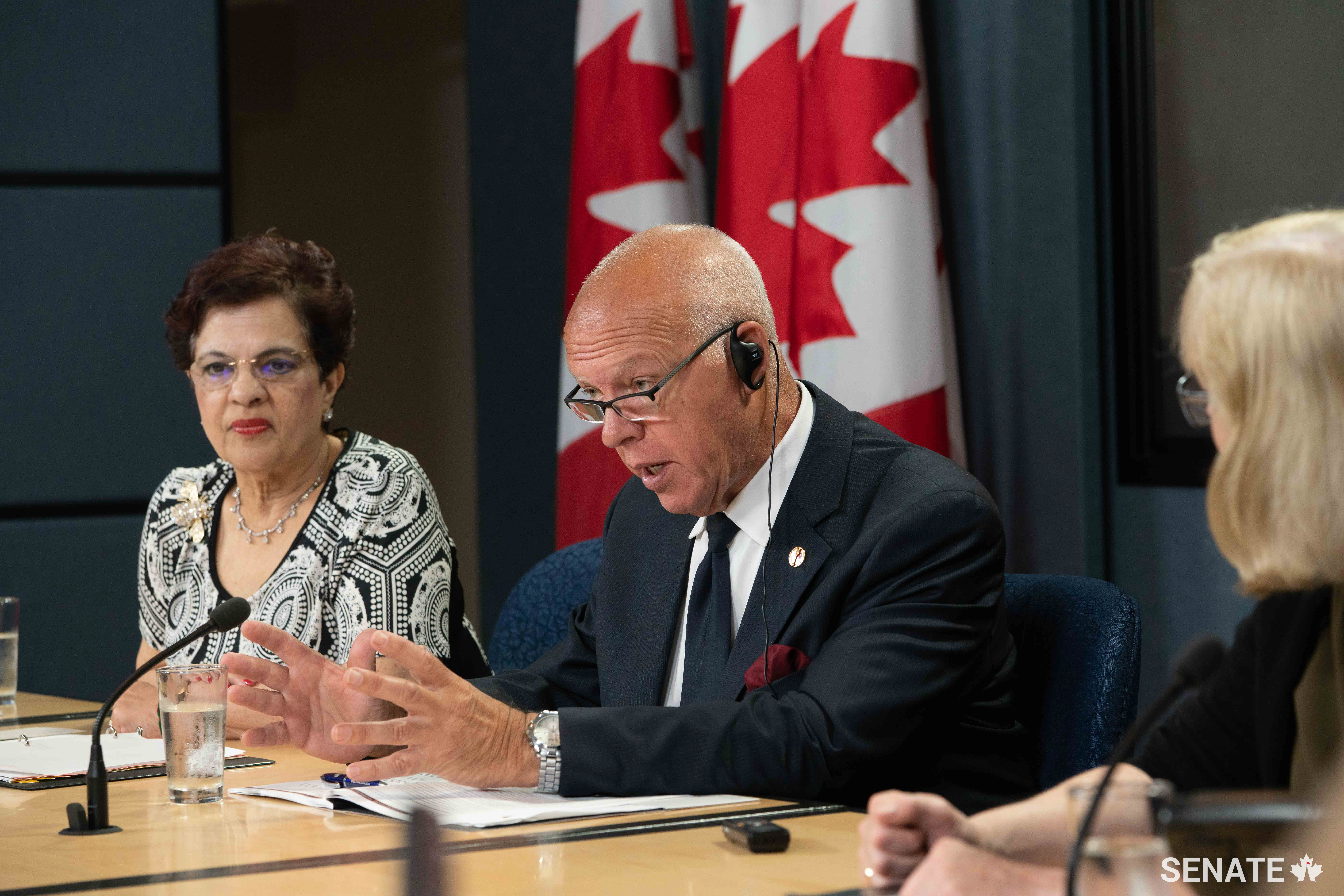 Senator Jean-Guy Dagenais delivers remarks alongside Senator Mobina S.B. Jaffer during a press conference that took place on Wednesday, June 13, 2018.