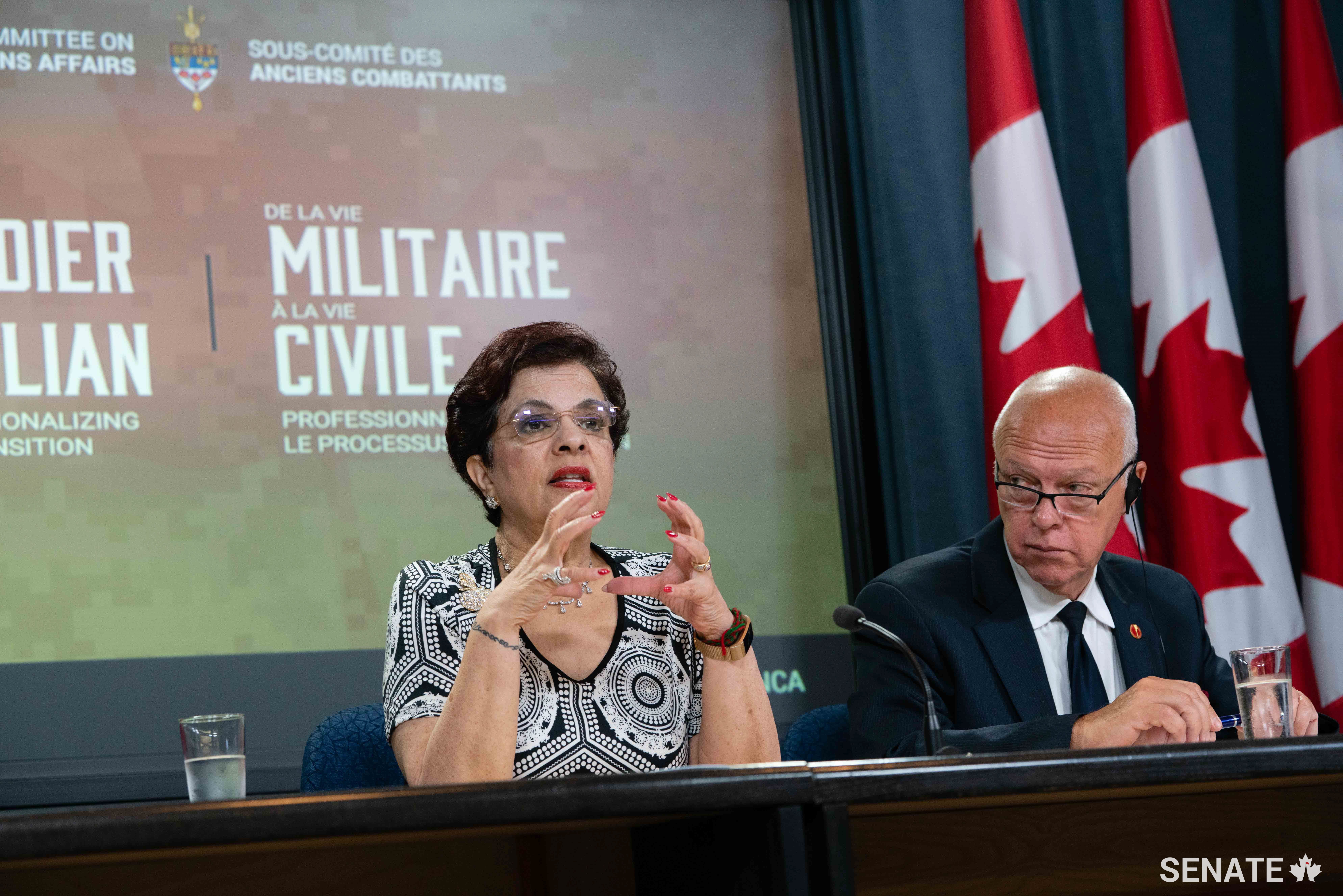 Senator Jaffer, next to Senator Dagenais, presents the committee’s key recommendations at the National Press Theatre during a live announcement.