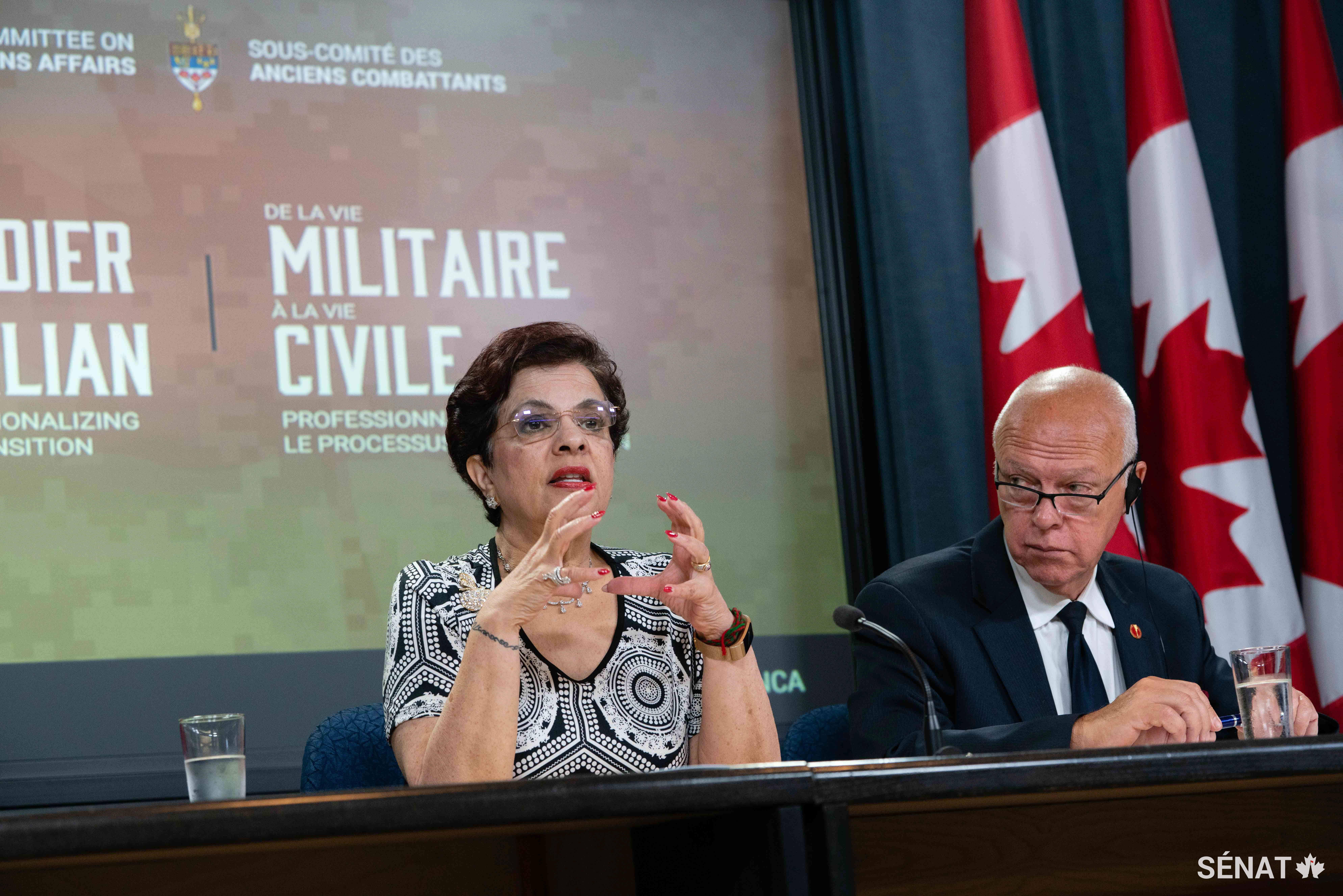 La sénatrice Jaffer, à côté du sénateur Dagenais, présente les principales recommandations du comité à l’Amphithéâtre nationale de la Presse lors d'une annonce en direct.