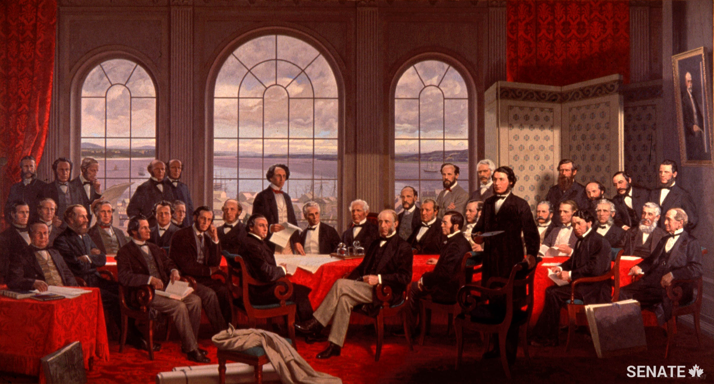 A group portrait of the Fathers of Confederation hangs in Centre Block’s Railway Committee Room. It commemorates the 37 delegates who hammered out the terms of Confederation at the Charlottetown and Quebec conferences of 1864 and the London Conference of 1867.