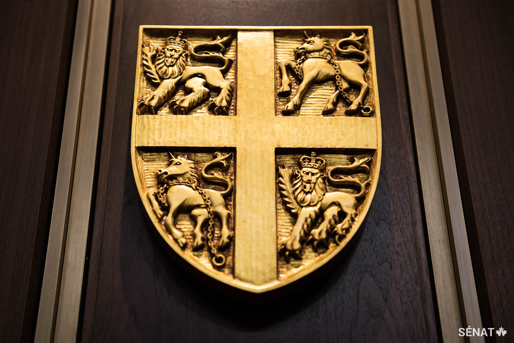 Des lions anglais, des licornes d’Écosse et la croix de Saint-Georges forment l’écu de Terre Neuve-et-Labrador.