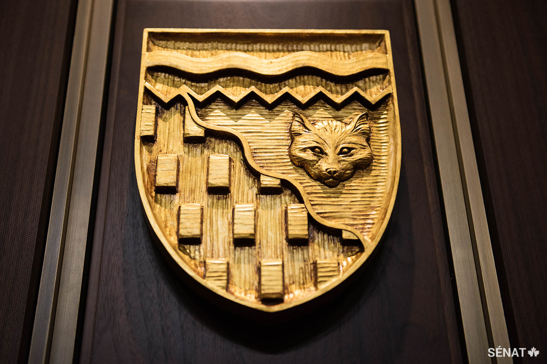 L’écu des Territoires du Nord-Ouest est traversé par une ligne diagonale ondulée, qui représente la limite de la zone arborée, et par une ligne horizontale, qui représente le passage du Nord-Ouest. Un renard blanc et des lingots d’or symbolisent des richesses du Nord, soit la fourrure et les mines.