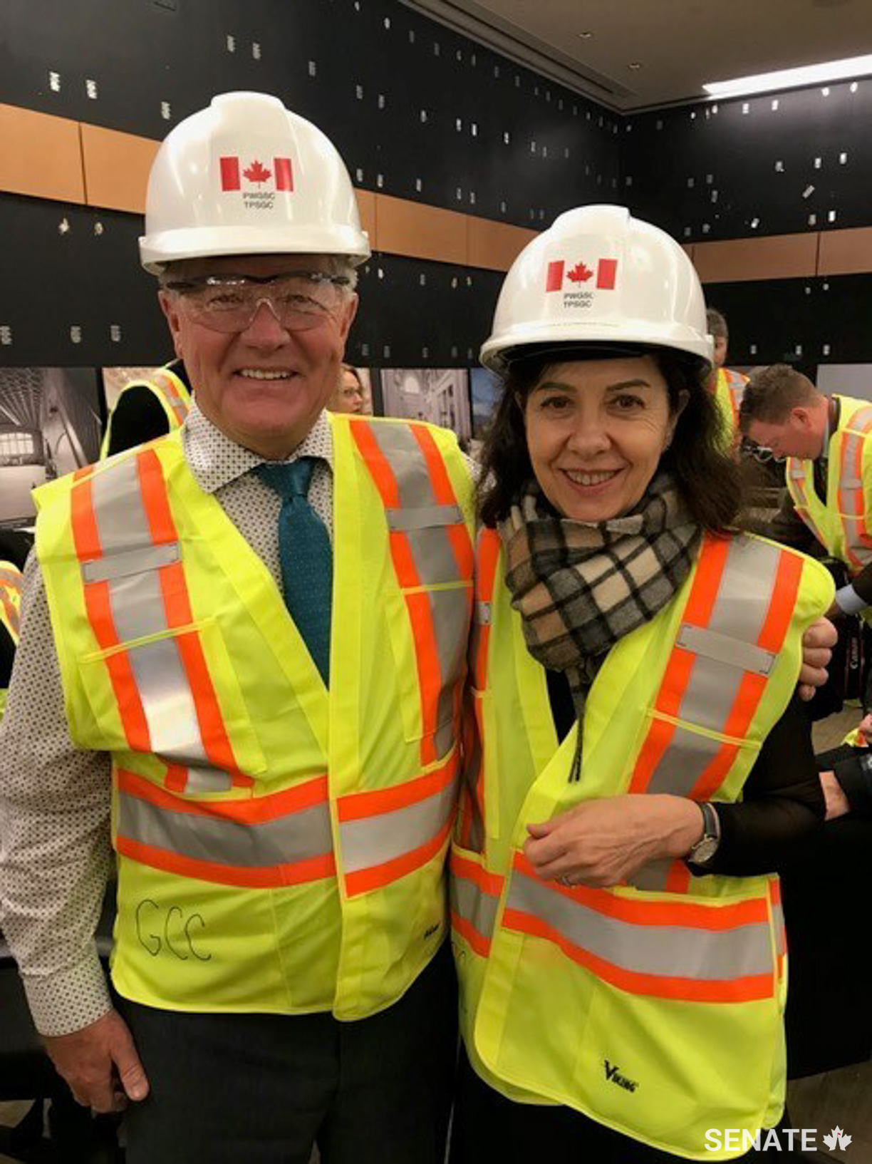 Senators Donald Neil Plett and Raymonde Saint-Germain visit The Senate of Canada Building, formerly known as the Government Conference Centre. The two active members of the Standing Senate Committee on Internal Economy, Budgets and Administration are interested in the progress of the future temporary home of the Senate.