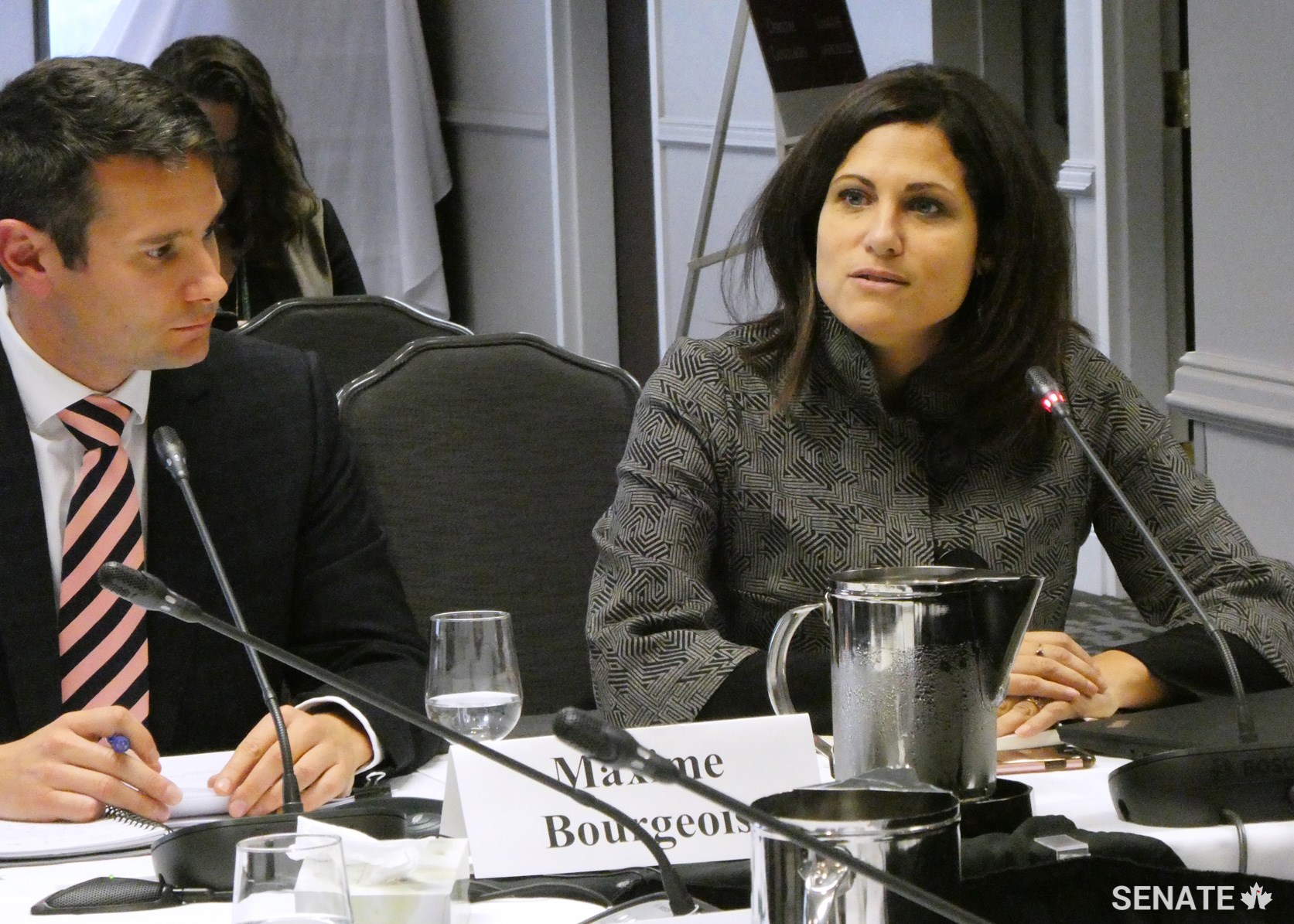 From left to right, Maxime Bourgeois and Nadine Duguay-Lemay share the experience of Dialogue Nouveau-Brunswick in the evolution of the Official Languages Act during public hearings in Moncton on October 24, 2018.