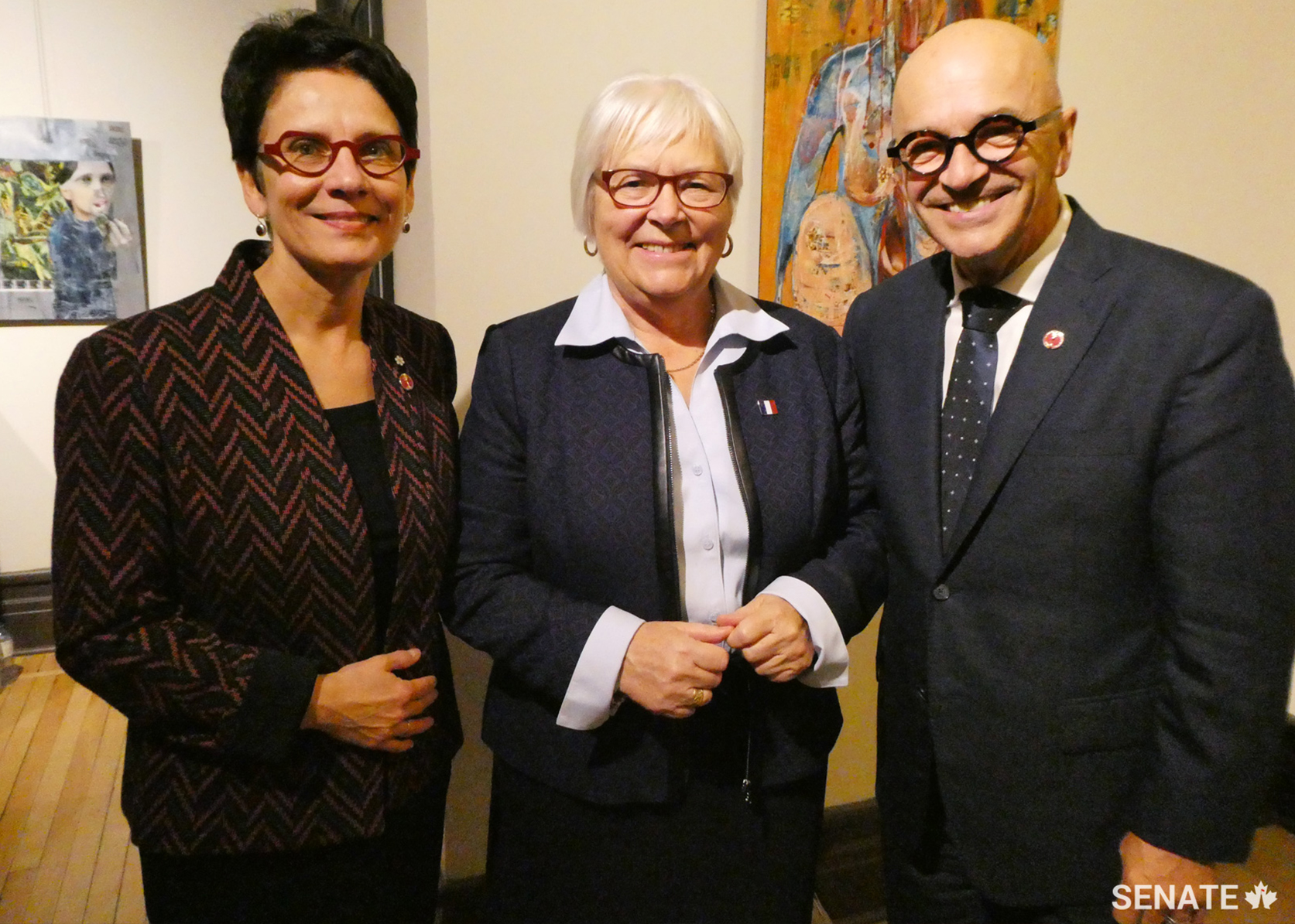 From left to right, Senator Raymonde Gagné, Member of the Committee on Official Languages, Louise Imbeault, President of the Société Nationale de l'Acadie, and Senator René Cormier, Chair of the Committee on Official Languages, at the Aberdeen Cultural Centre in Moncton, October 25, 2018.