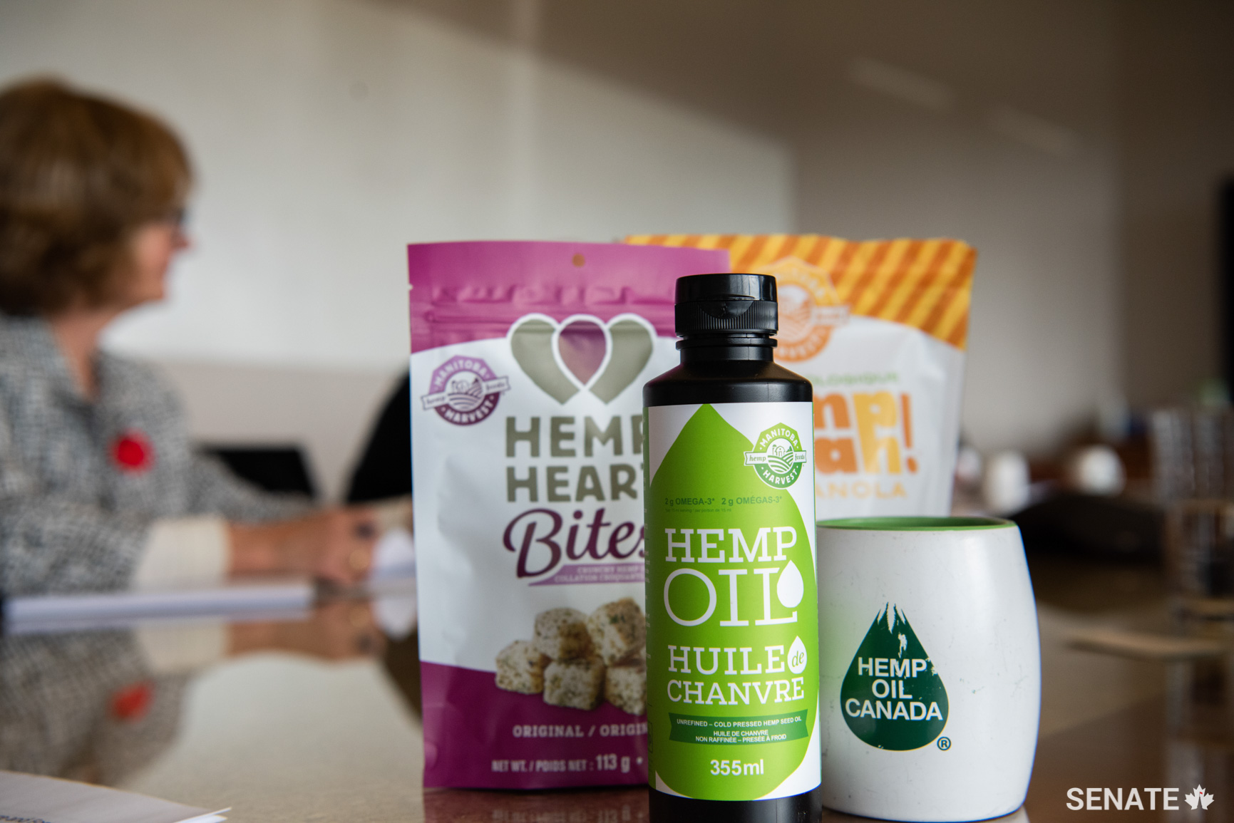 As soon as they arrived at the offices of Hemp Oil Canada, the senators saw the many ways that hemp can be used; even the shelving and walls are made from this raw material. They also saw the range of processed foods that could be produced from hemp.