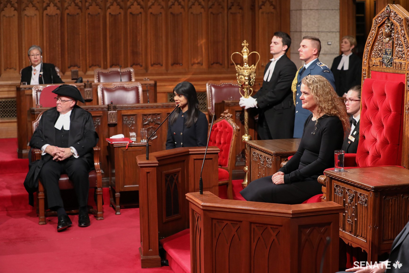 Governor General Julie Payette takes her seat on the Speaker’s dais to grant Royal Assent. It is the last time the Royal Assent ceremony will be marked in Centre Block for at least a decade.