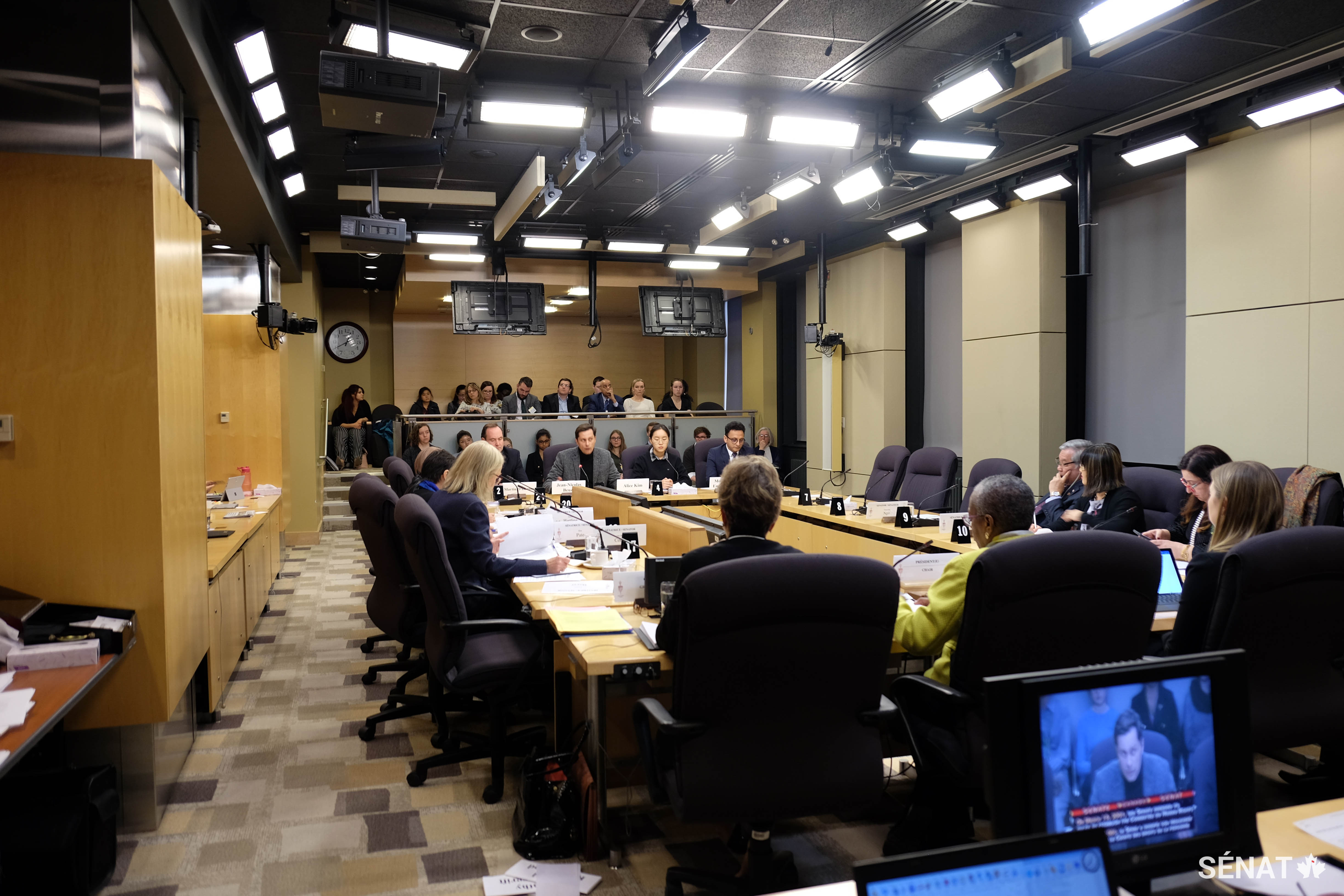 Les sénateurs membres du Comité des droits de la personne écoutent un témoin s’exprimer au sujet des obligations nationales et internationales du Canada en matière de droits de la personne lors d’une réunion tenue le 5 décembre 2018.