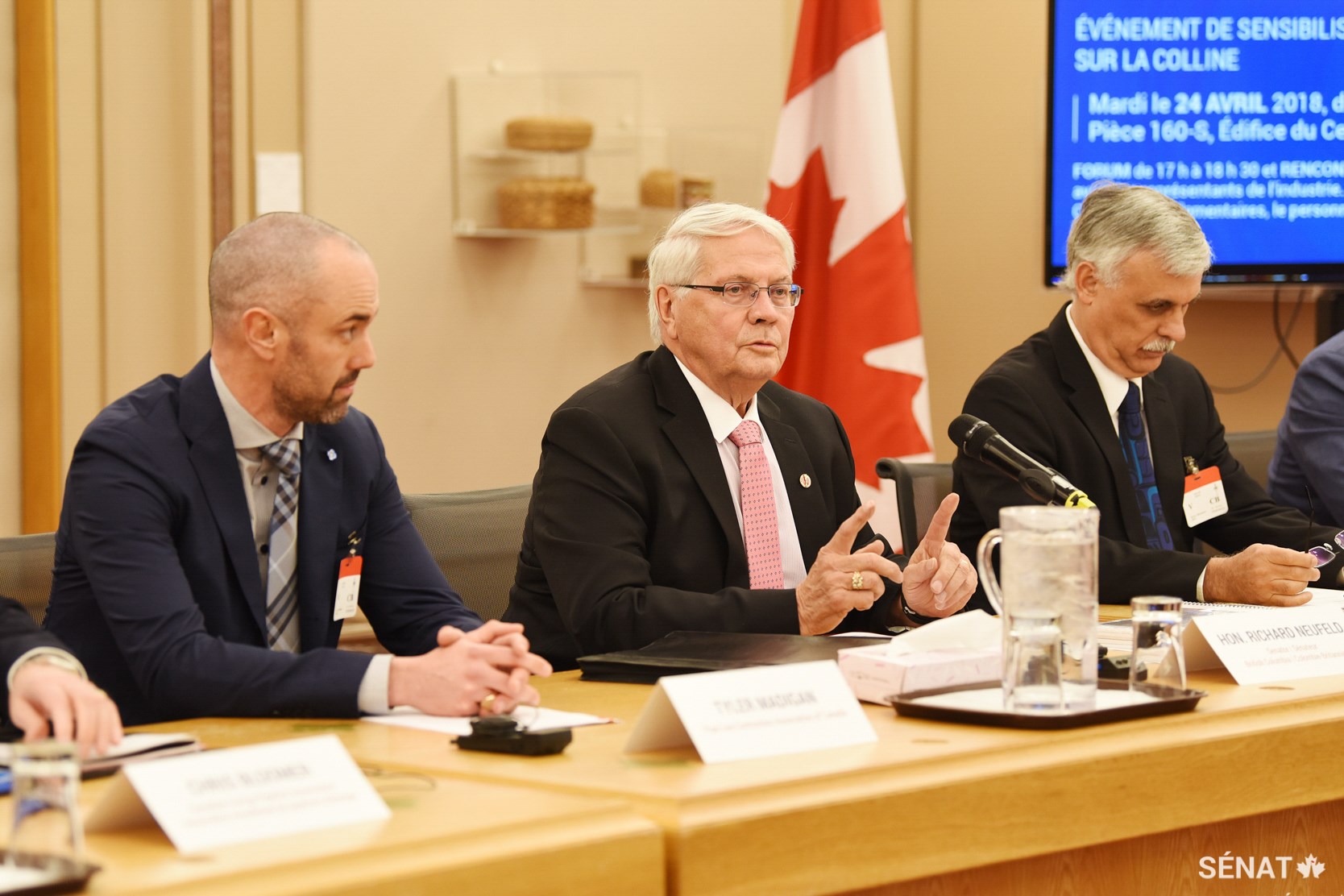 Le sénateur Richard Neufeld, au centre, préside une discussion d’experts lors de la séance d’information sur la sécurité des pipelines et des pétroliers du 24 avril 2018 qui s’est déroulée à Ottawa.