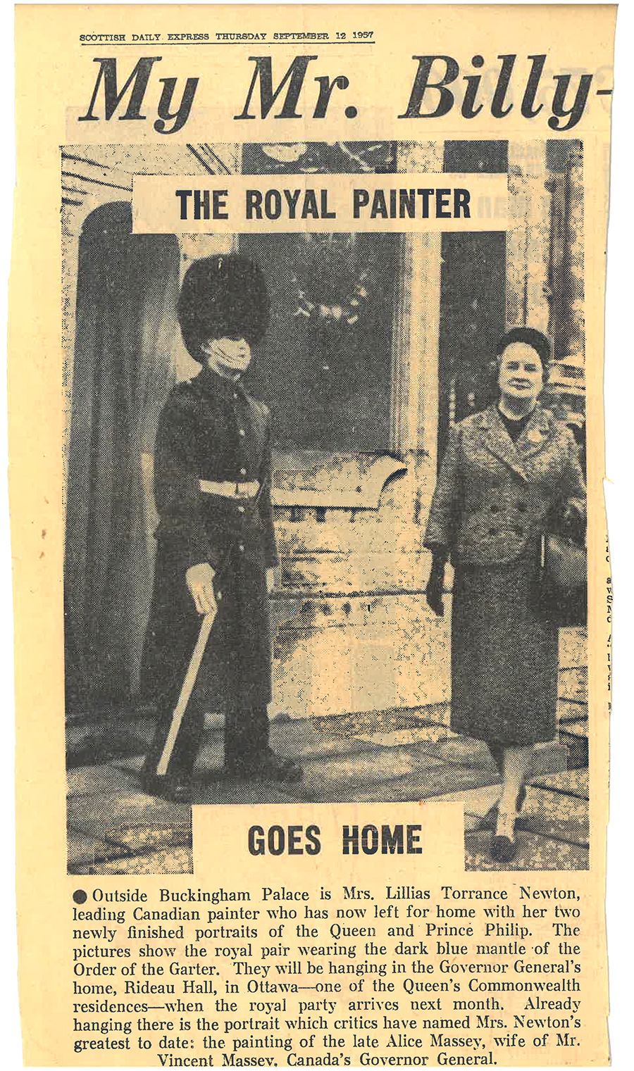 La visite de Lilias Torrance Newton au palais de Buckingham pour peindre des portraits de la Reine et du prince Philip a fait les gros titres des journaux en 1957, notamment dans cette édition du Scottish Daily Express.