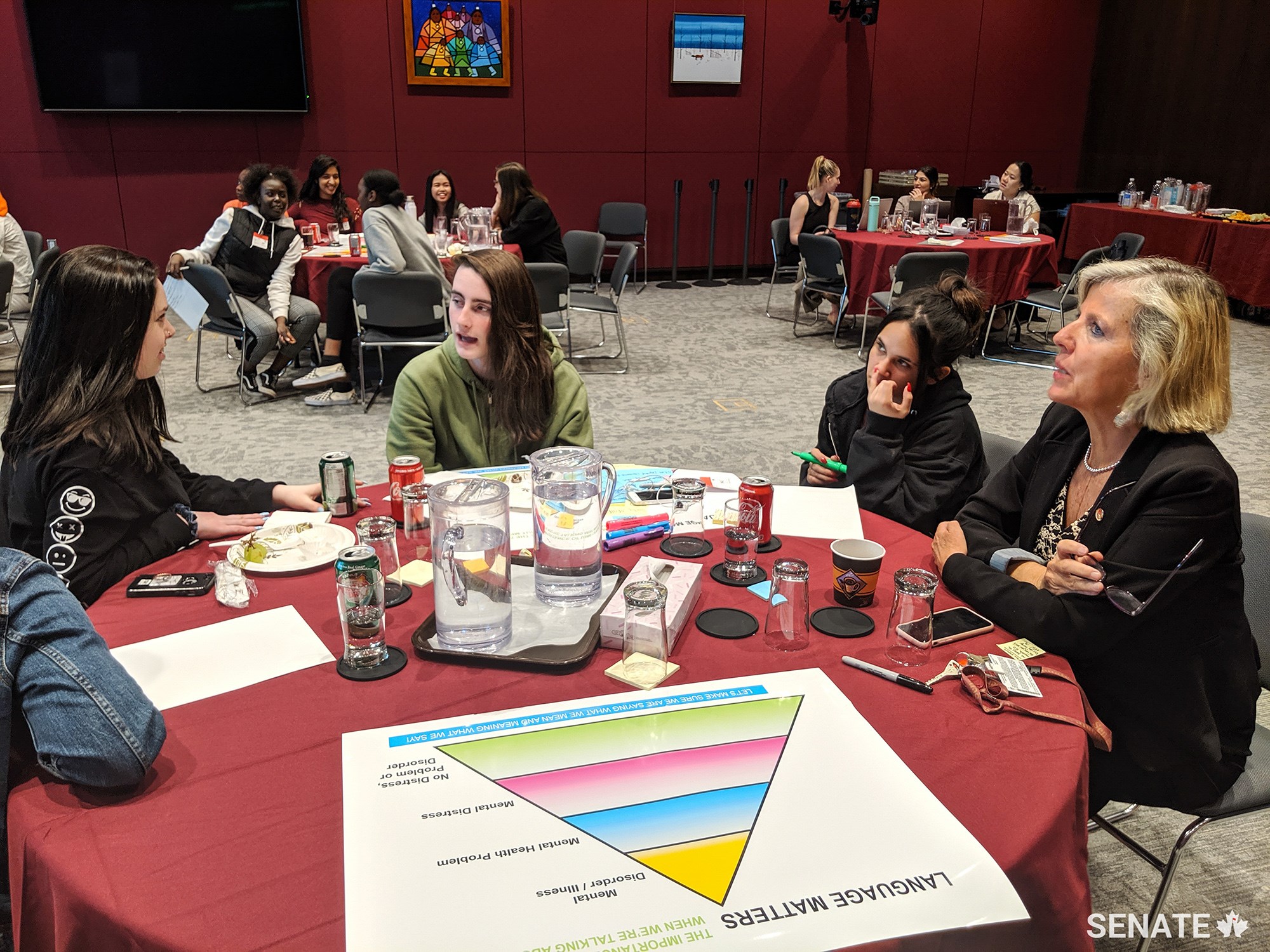 Senator Marty Deacon participates in a mental health literacy workshop with students from Ottawa’s St. Paul Catholic High School in the Senate of Canada Building on May 13, 2019.