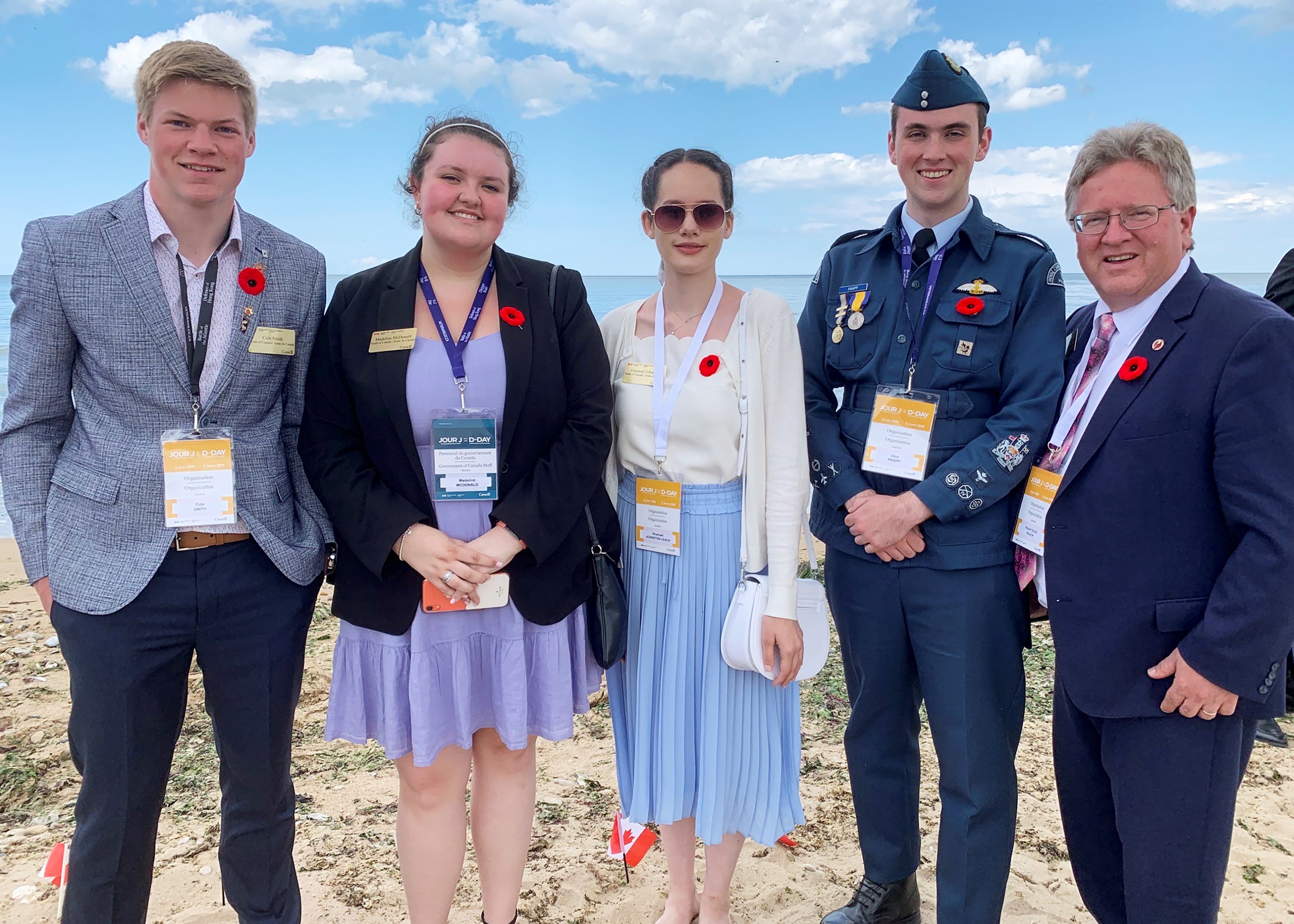Thursday, June 6, 2019 — Senator Rob Black is joined in Normandy, France, by four Canadian youth delegates selected to accompany a government delegation to France to mark the 75th anniversary of D-Day and the Battle of Normandy. The delegation left for France on June 2 and spent a week at critical sites. The week included nine ceremonies at war cemeteries and memorials including Juno Beach on June 6th. From left to right, Cole Smith from Saskatchewan, Madeline McDonald and Khamael Johnston from British Columbia, and Jace Knapton from Alberta.