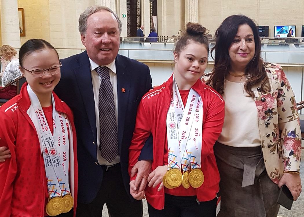 Wednesday, May 29, 2019 — Senators Jim Munson and Salma Ataullahjan meet Kimana Mar and Sophie Lacourse-Pudifin, two Team Canada champions who won seven medals each in rhythmic gymnastics at the Special Olympics World Games in Abu Dhabi, United Arab Emirates (UAE).