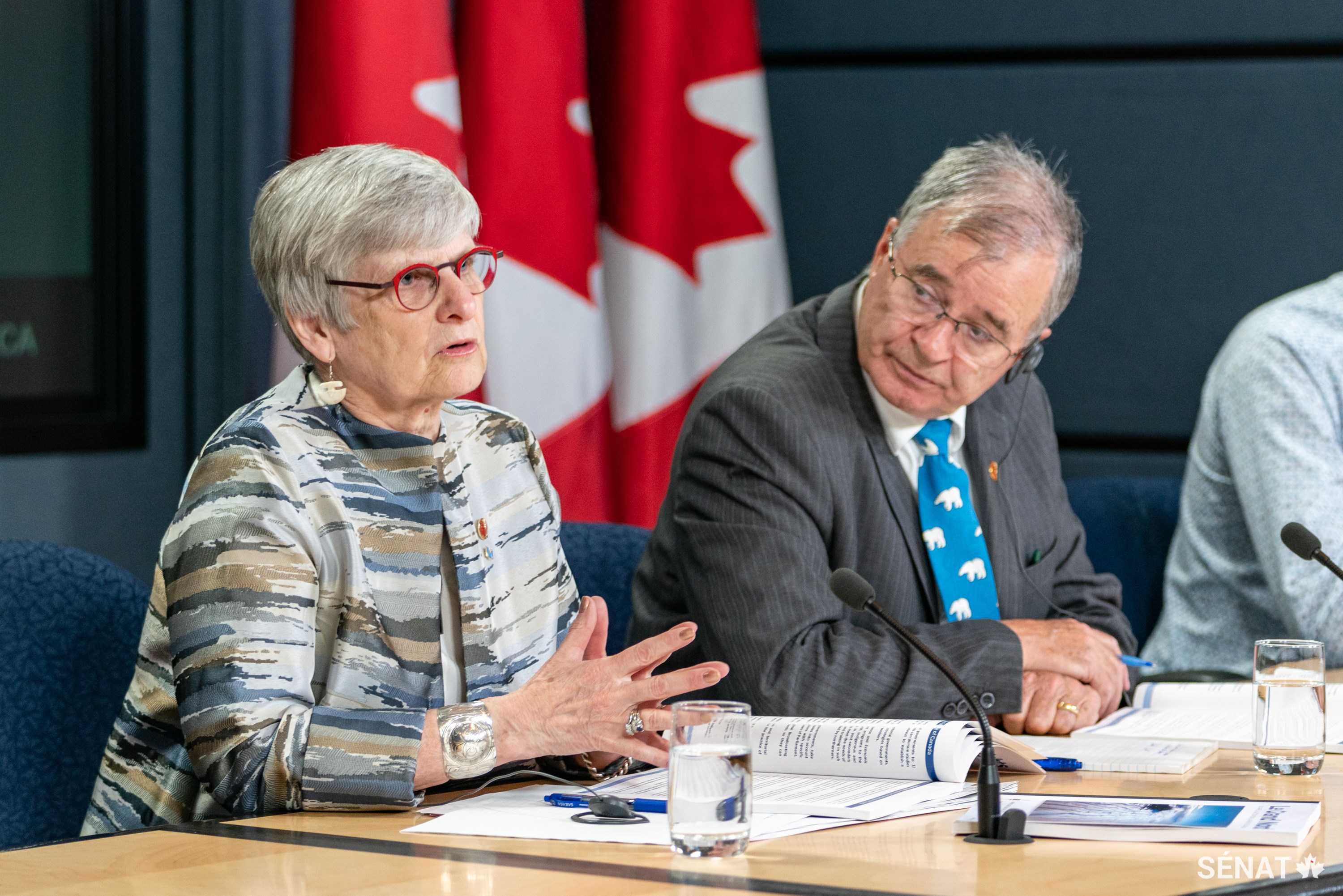 La sénatrice Patricia Bovey, vice-présidente du Comité spécial sur l’Arctique, prend la parole lors d’une conférence de presse à Ottawa le 12 juin 2019 à la suite de la publication du rapport du comité intitulé Le Grand Nord : Un appel à l’action pour l’avenir du Canada.