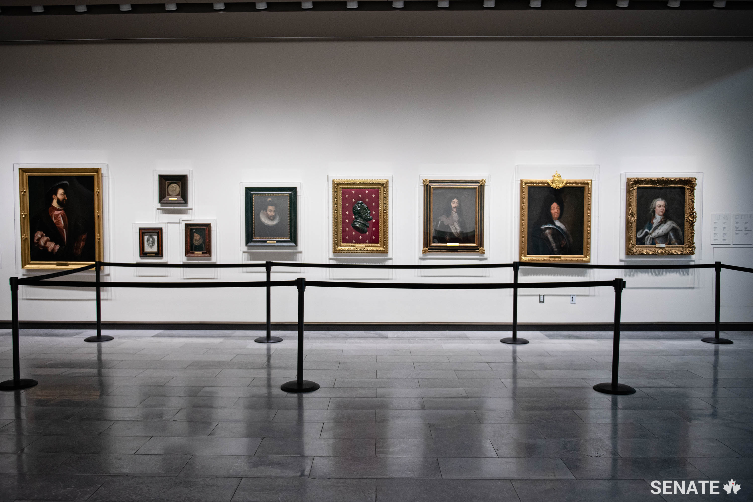 Portraits of French kings that used to hang in the Salon de la Francophonie in Centre Block are illuminated in their new home in the Senate of Canada Building. The painting of King François I, who sent explorer Jacques Cartier to the New World in 1534 and who ushered in the French Renaissance, hangs at the far left.