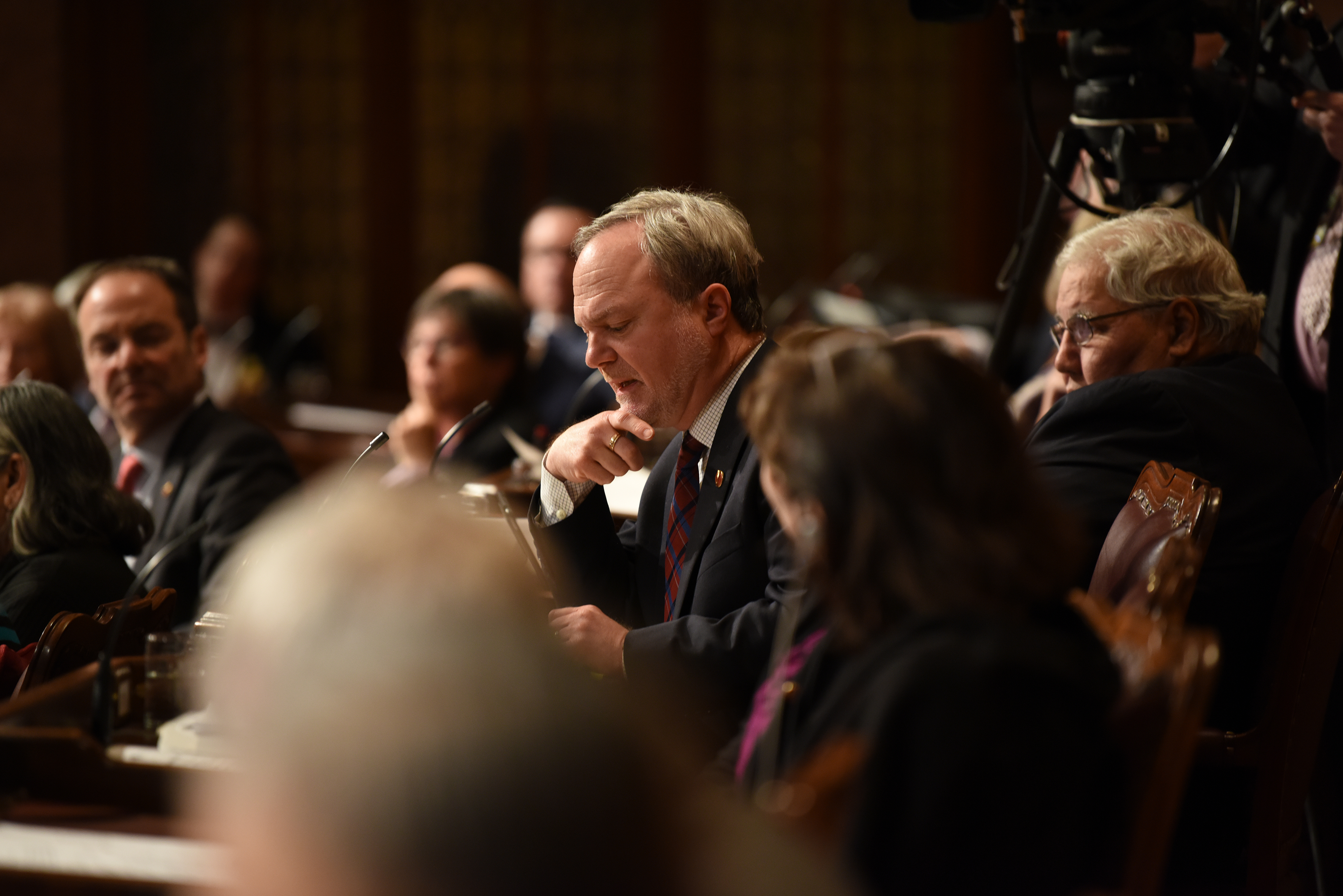 Senator André Pratte speaks in the Red Chamber during a committee of the whole meeting where cabinet ministers answered senators’ questions about Bill C-45, the Cannabis Act.