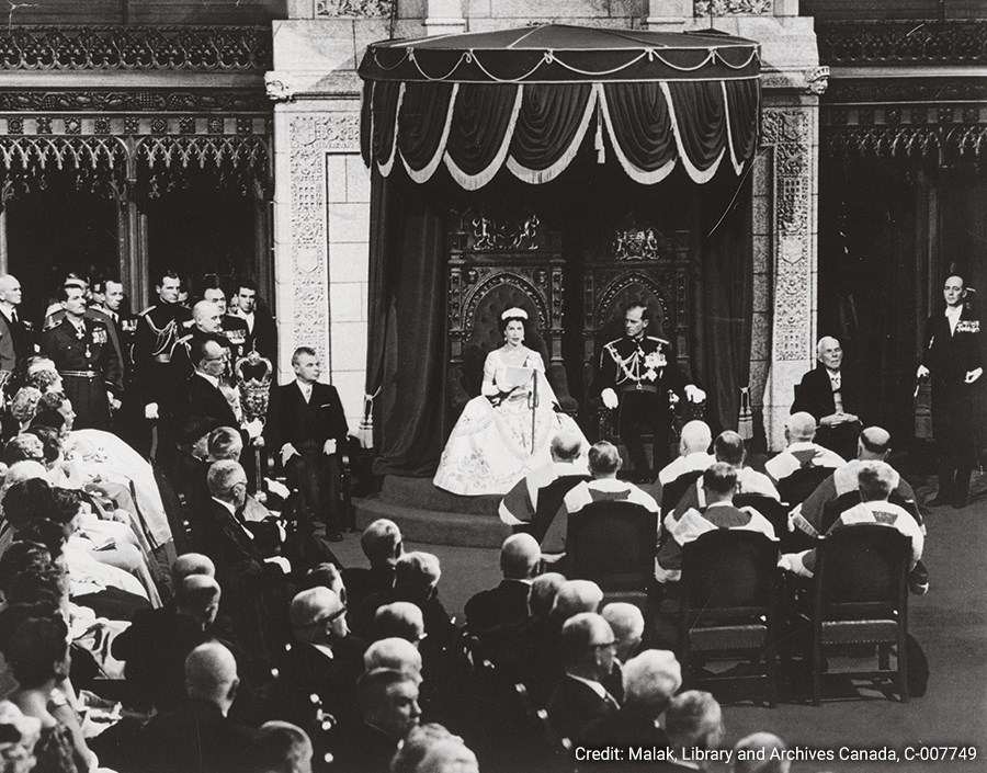 Queen Elizabeth II during the opening of the 23rd Parliament in 1957 in the Senate Chamber