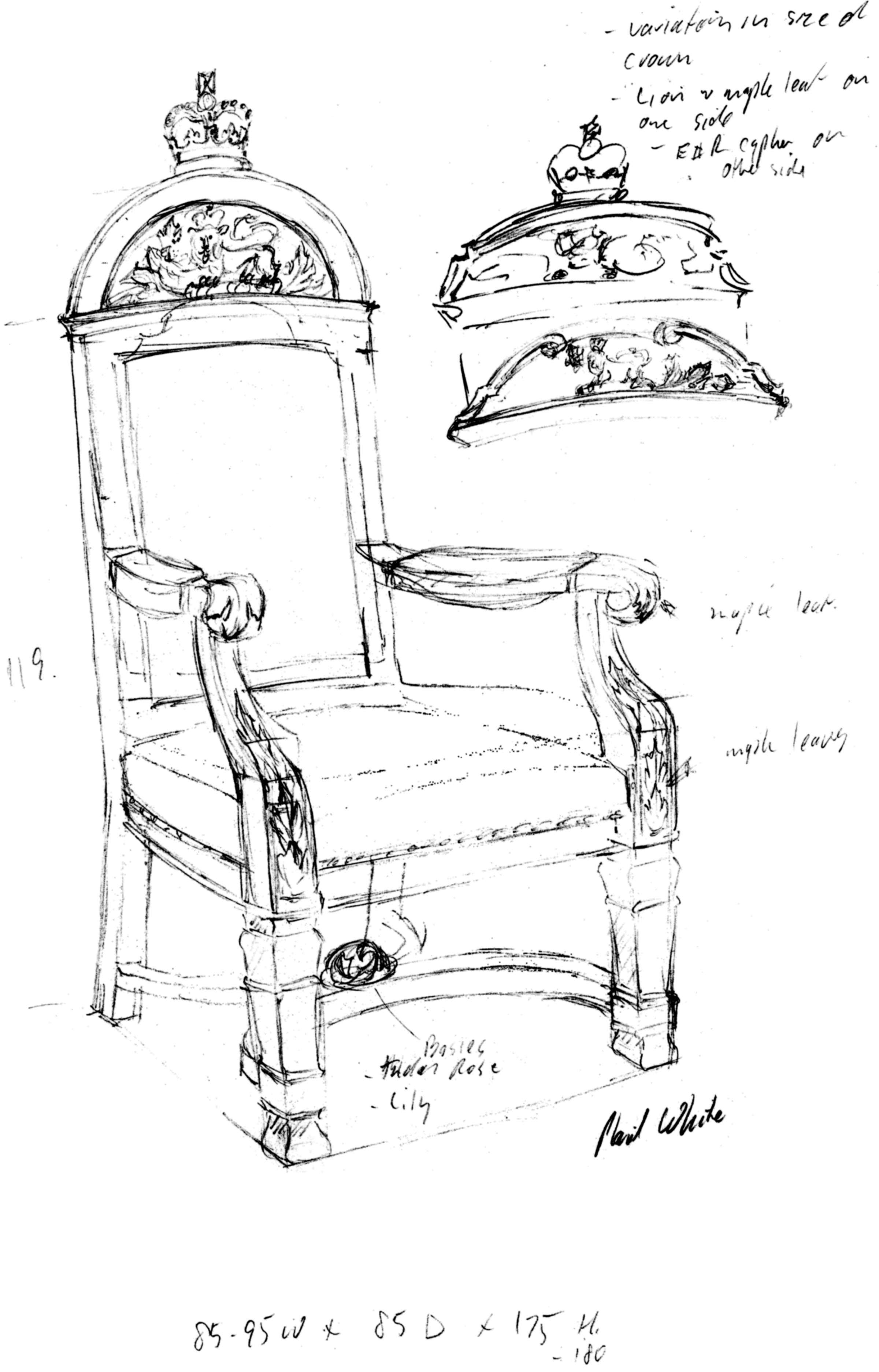 L’une des esquisses des trônes faites par le sculpteur du Dominion, Phil White, montre que des détails du style Beaux Arts y ont été intégrés afin qu’ils s’harmonisent à l’architecture de l’édifice du Sénat du Canada, qui date du début du 20e siècle.