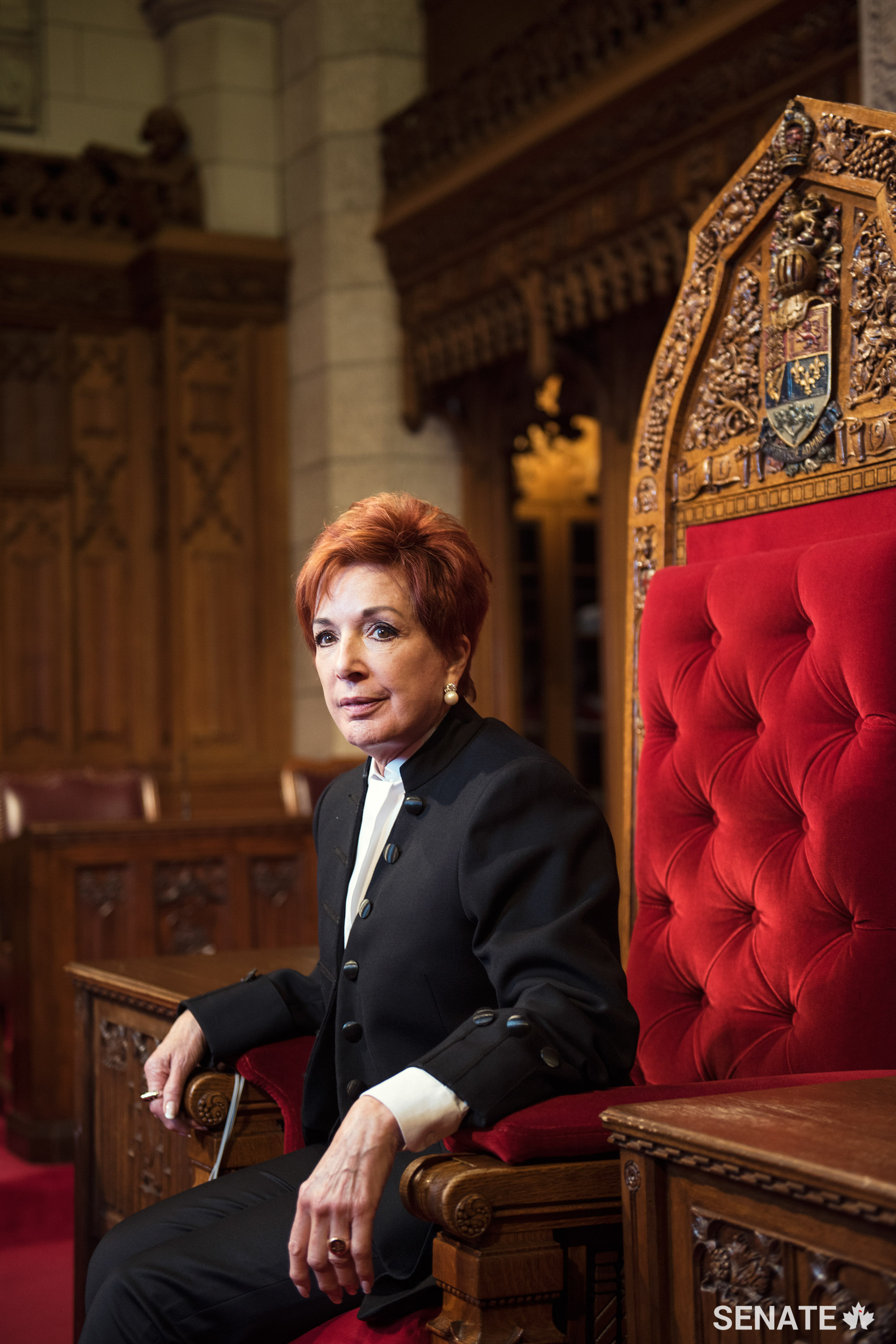 Senator Nicole Eaton sits in the Speaker’s chair in the Red Chamber. She served as Speaker pro tempore from 2015 until her retirement in January 2020.