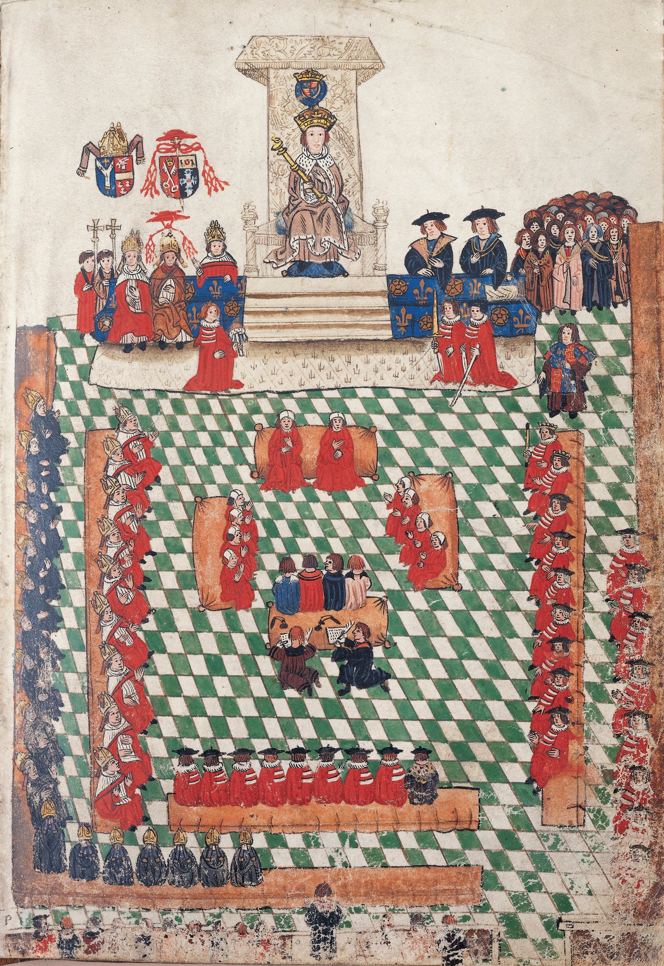 An illustration of King Henry VIII opening the English Parliament in 1523. This is thought to be the earliest surviving contemporary depiction of an opening of Parliament. Judges and law officers sit on four woolsacks in the centre. (Photo credit: <a href='https://www.rct.uk/collection/1047414/the-wriothesley-garter-book'>The Royal Collection Trust, RCIN 1047414</a>)