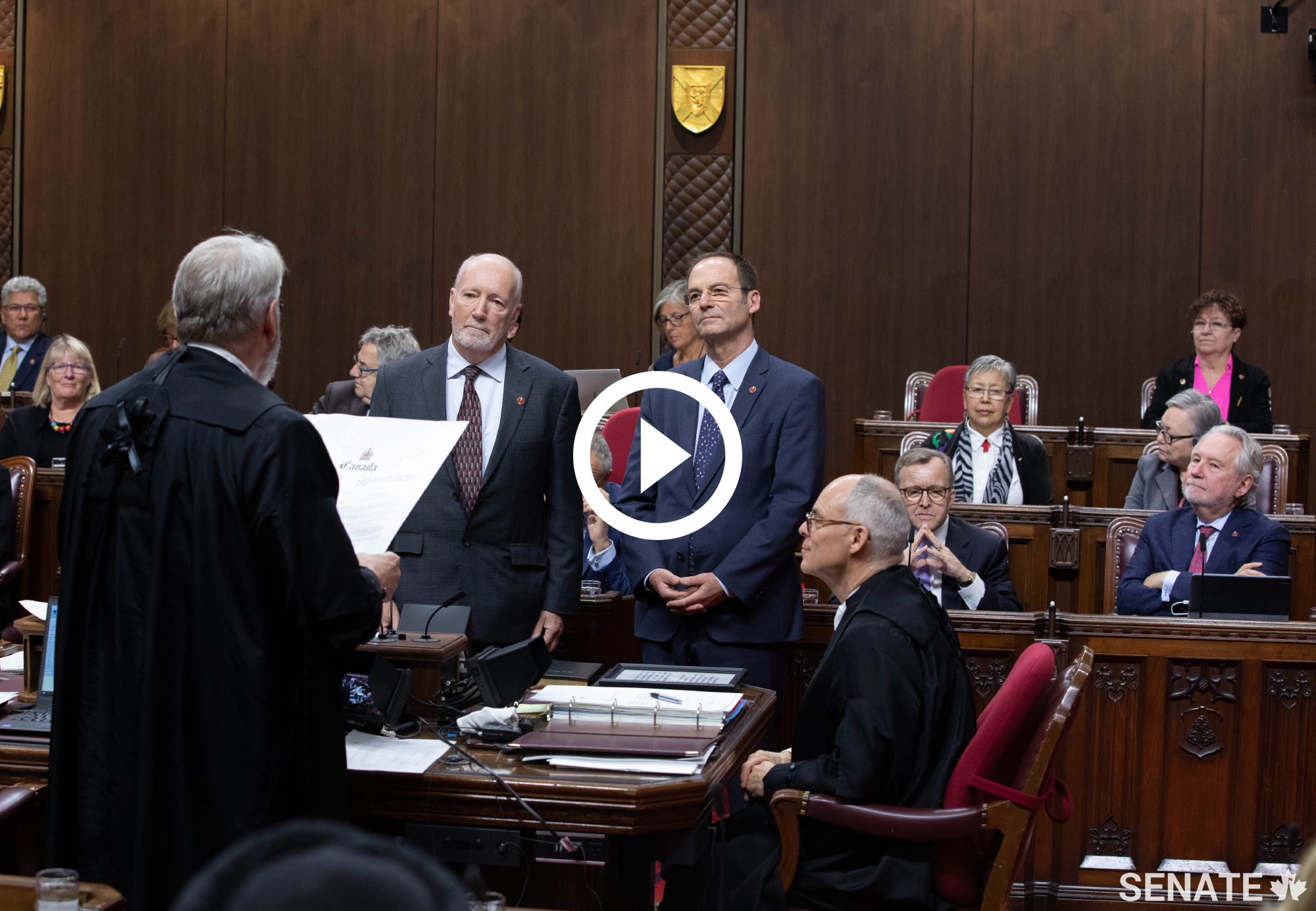 Senator Brent Cotter is sworn in inside the Senate Chamber on February 4, 2020, as Senator Marc Gold looks on.