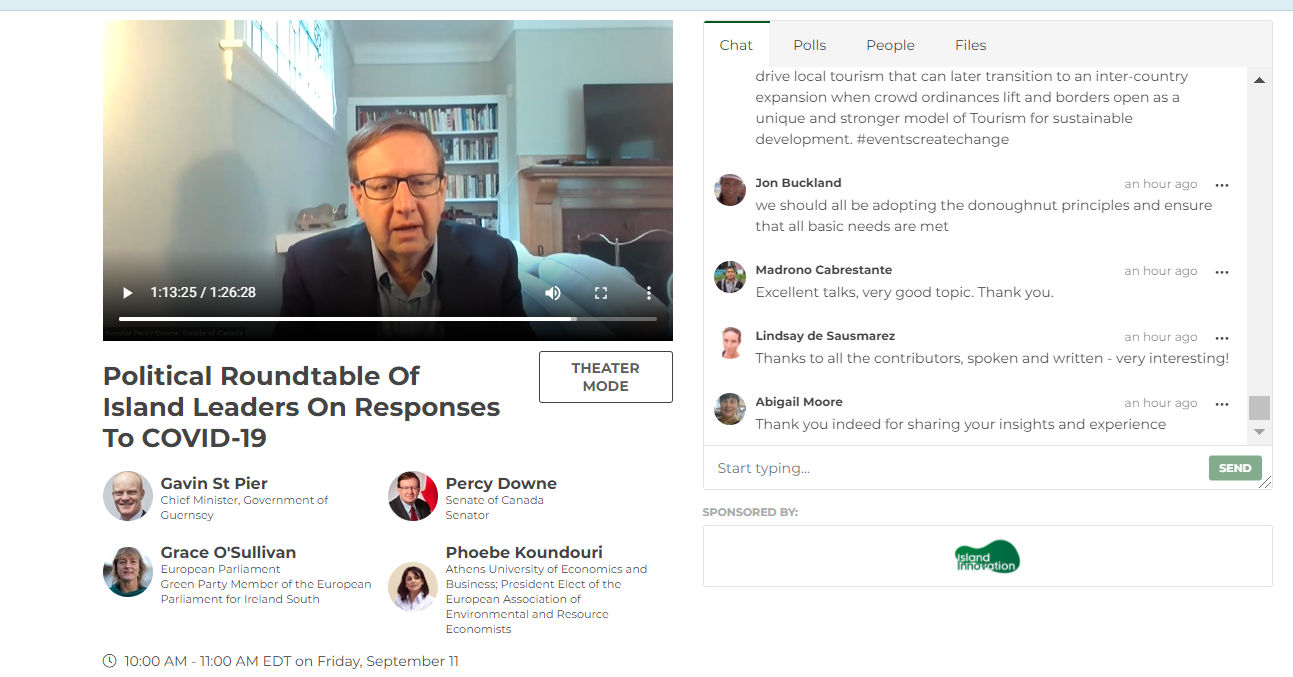 Friday, September 11, 2020 – Senator Percy E. Downe participates in the Virtual Island Summit 2020 along with panelists from Greece, Ireland and Guernsey to discuss the impact of COVID-19 on island jurisdictions.