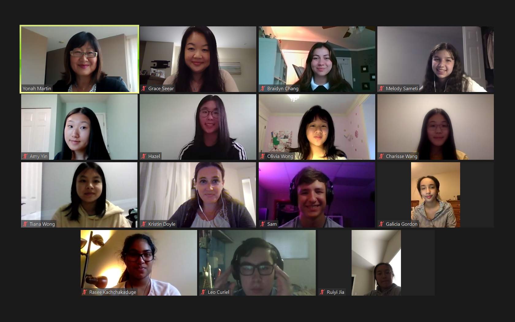 Tuesday, September 8, 2020 — Senator Yonah Martin (top left) meets with secondary school students from British Columbia and Alberta who co-initiated a project called Intergenerational Integrities. In their meeting, they discussed the progress of the students’ interviews with Korean War veterans.