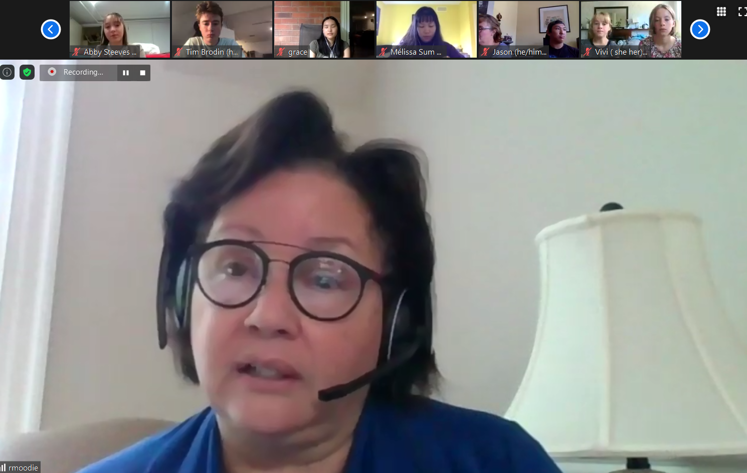 Thursday, August 27, 2020 — Senator Rosemary Moodie speaks with participants of the Young Canadians’ Parliament, organized by Children First Canada.