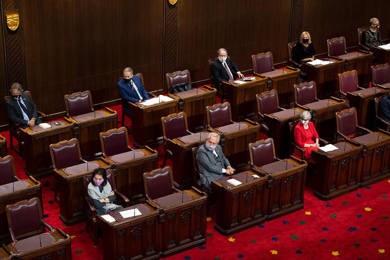 Senators made sure to sit apart as they watched Governor General Julie Payette deliver the Speech from the Throne in the Senate of Canada Building on Wednesday, September 23, 2020. (Photo credit: The Canadian Press)