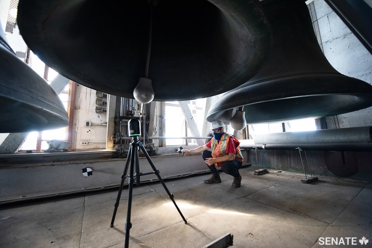 A worker takes images of the Peace Tower belfry, where the carillon’s bells hang. Workers have been taking detailed laser scans of all parts of Centre Block as part of the rehabilitation project.
