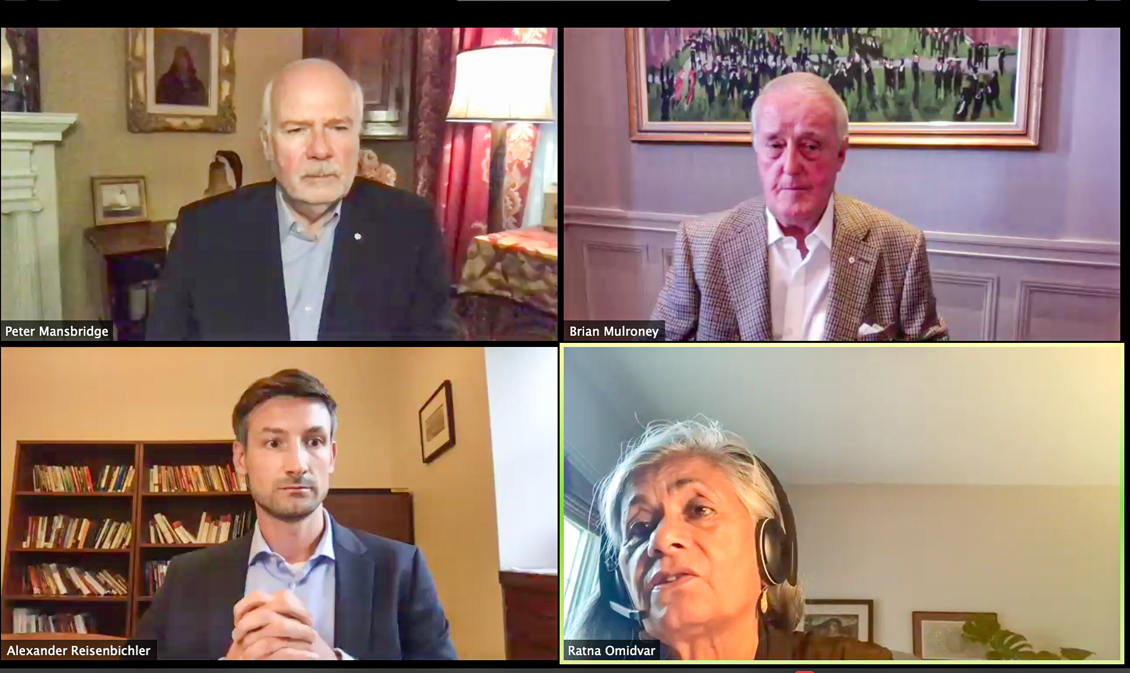 Le vendredi 2 octobre 2020 — La sénatrice Ratna Omidvar prend la parole dans le cadre du panel « 30 years of German Unity and Canadian Partnership », soulignant le jour de l’Unité allemande. L’événement était organisé conjointement par la Munk School of Global Affairs & Public Policy de l’Université de Toronto et l’Ambassade et les consulats de la République fédérale d’Allemagne au Canada. Le panel était composé de Peter Mansbridge, ancien présentateur de CBC News (en haut à gauche); Brian Mulroney, ancien premier ministre du Canada (en haut à droite); et Alexander Reisenbichler, professeur de l’Université de Toronto (en bas à gauche).