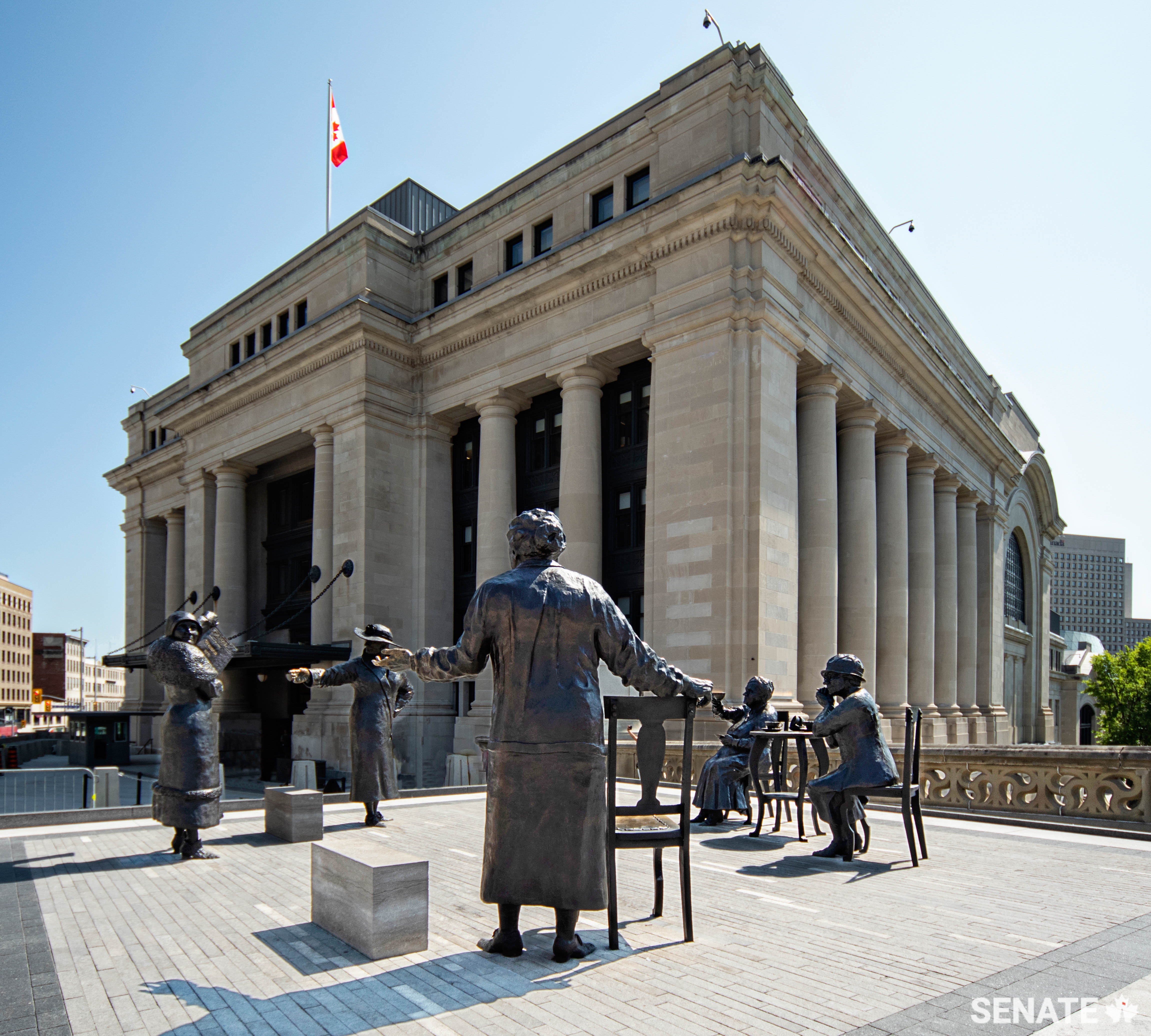 Ottawa’s Women are Persons! monument stands beside the Senate of Canada Building. Sculptor Barbara Paterson depicted the Famous Five gathered for a “pink tea.” In the 19th and early 20th century, women’s-rights activists often disguised their meetings as “pink teas” — innocuous get-togethers to trade gossip and fashion tips — to evade hostile opponents.