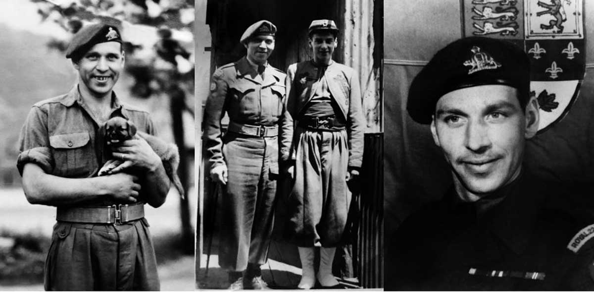 Durant la guerre, plusieurs soldats se sont attachés à des chiens errants. Sur la photo du centre, Joseph-Amable Dubé (à gauche) est en compagnie de son frère Henry en 1945. Tout à droite, on voit Joseph-Amable Dubé à Valcartier en 1950, juste avant son départ pour la guerre de Corée. (Crédit photo : Famille Dubé)