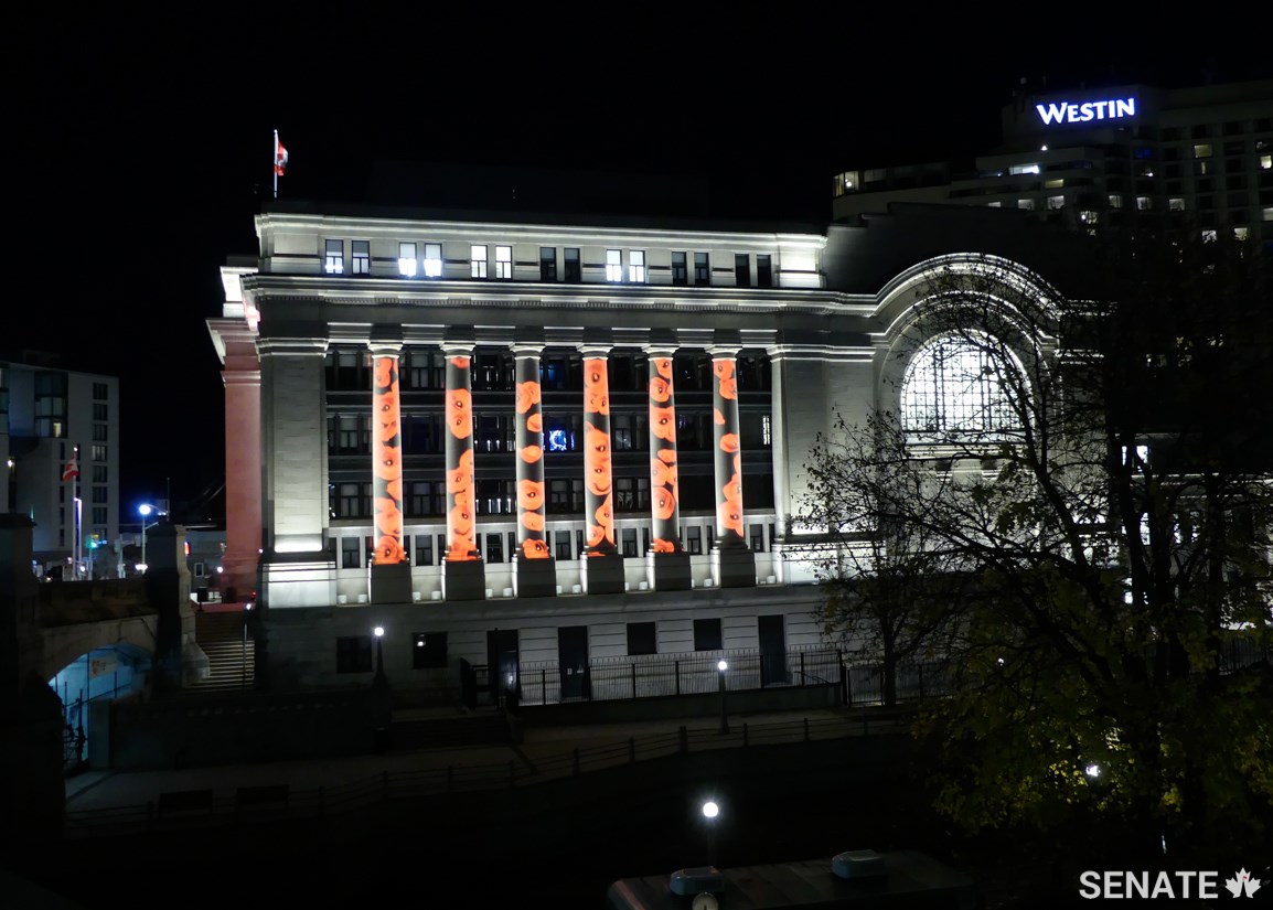 The Virtual Poppy Drop light show runs from 6:30 p.m. to 9:30 p.m. On November 11, the poppy drop will continue until midnight.