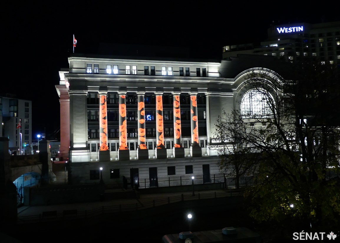 La pluie virtuelle de coquelicots se déroulera du 30 octobre au 11 novembre de 18 h 30 à 21 h 30. Le 11 novembre, le spectacle de lumières se poursuivra jusqu’à minuit.