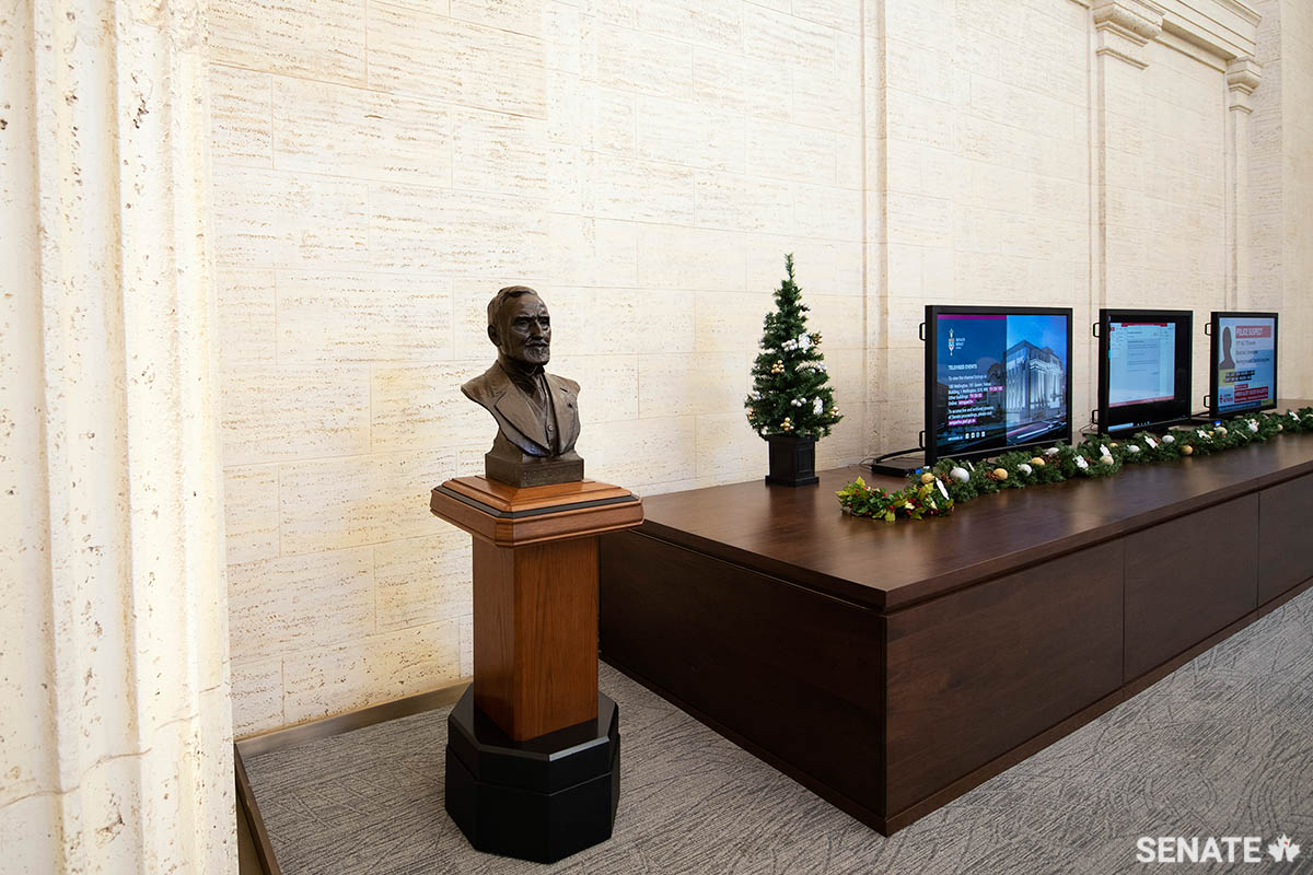 The bust of former senator Dandurand now stands in the Senator’s Lounge in the Senate of Canada Building.