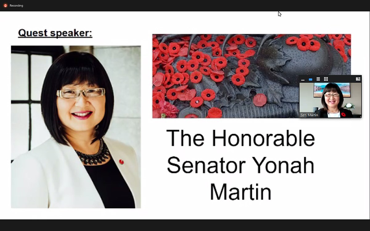 Tuesday, November 10, 2020 – Senator Yonah Martin honours and remembers Canada’s fallen soldiers in a thoughtful keynote speech at Blessed Sacrament School’s Remembrance Day ceremony. She expressed her appreciation for those who served the country and mentioned the hard work of COVID-19 front-line workers.