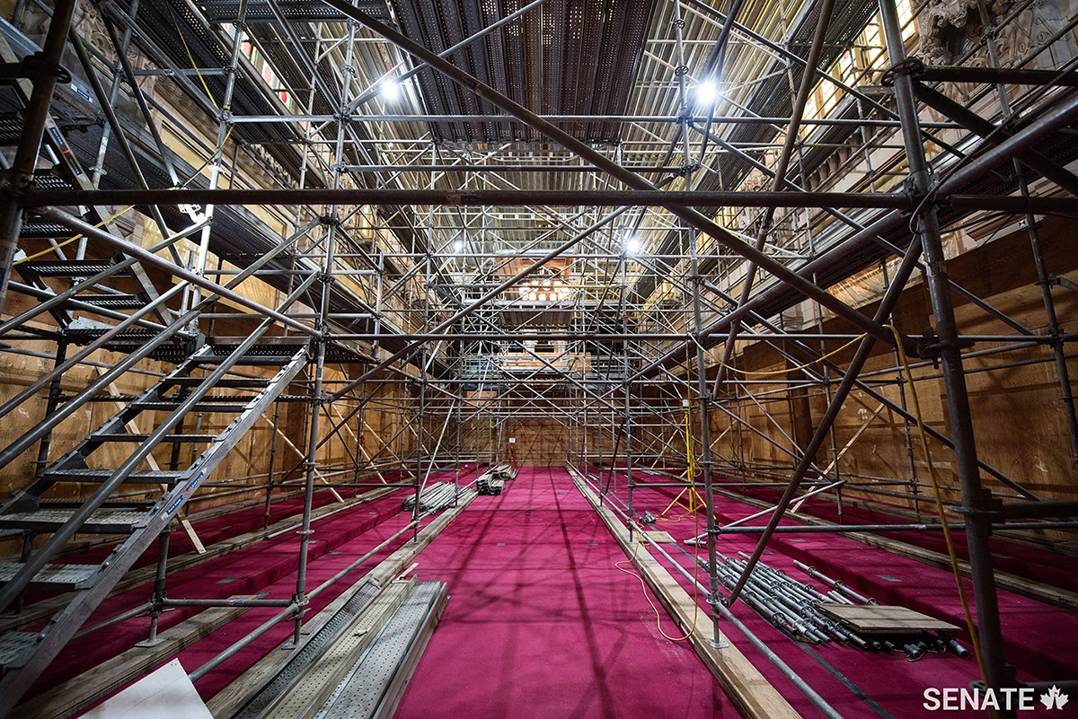 A forest of scaffolding rises from the floor of the original Senate Chamber in Centre Block. Centre Block has been closed since late 2018 for extensive rehabilitation, a project that will take years.