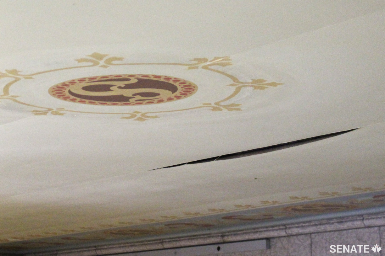 A torn seam is visible in the linen ceiling over the Senate’s north gallery.